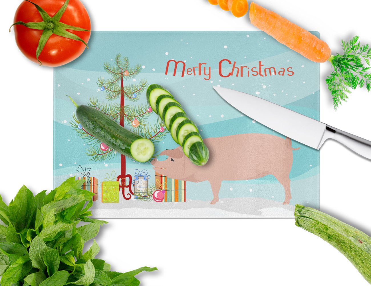 American Landrace Pig Christmas Cutting Board Tempered Glass Kitchen Cutting Surface, Heat Resistant Chopping, Non-Slip Feet, Food Prep & Serving