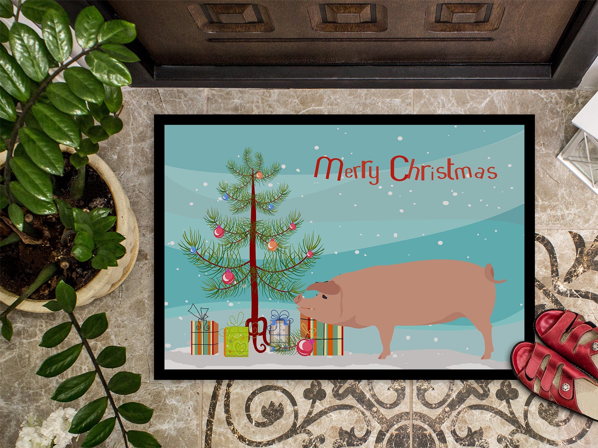 American Landrace Pig Christmas Doormat Indoor Outdoor 18H X 27W Front Door Mat Rugs for Entryway, Non Slip Washable