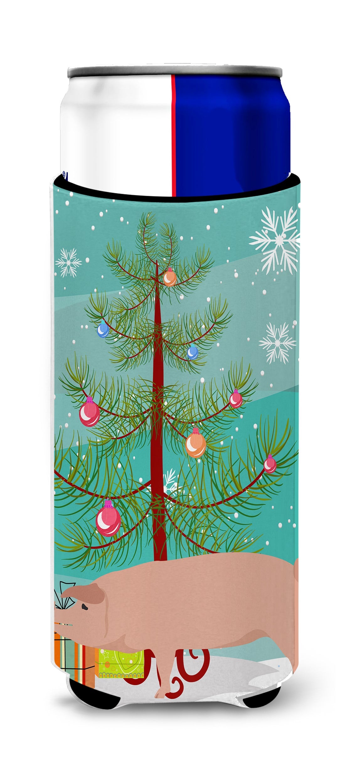 American Landrace Pig Christmas Slim Can Hugger , Insulated Foam Hugger for 12 oz Slim Cans, Beer Bottles & Water Bottles, Printed in USA