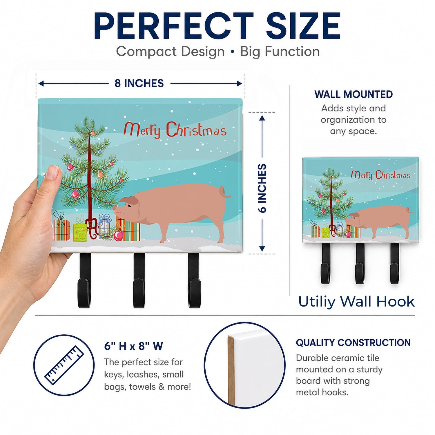 American Landrace Pig Christmas Leash or Key Holder Wall Hooks, Coat Rack Wall Mount, for Hanging Keys, Towels, Aprons, Leashes