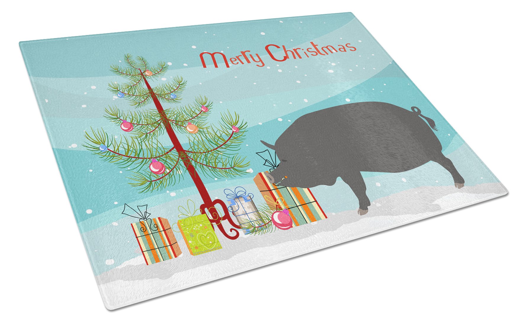 Berkshire Pig Christmas Cutting Board Tempered Glass Kitchen Cutting Surface, Heat Resistant Chopping, Non-Slip Feet, Food Prep & Serving
