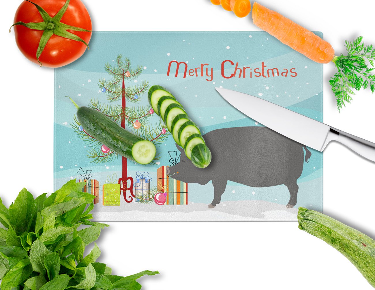 Berkshire Pig Christmas Cutting Board Tempered Glass Kitchen Cutting Surface, Heat Resistant Chopping, Non-Slip Feet, Food Prep & Serving