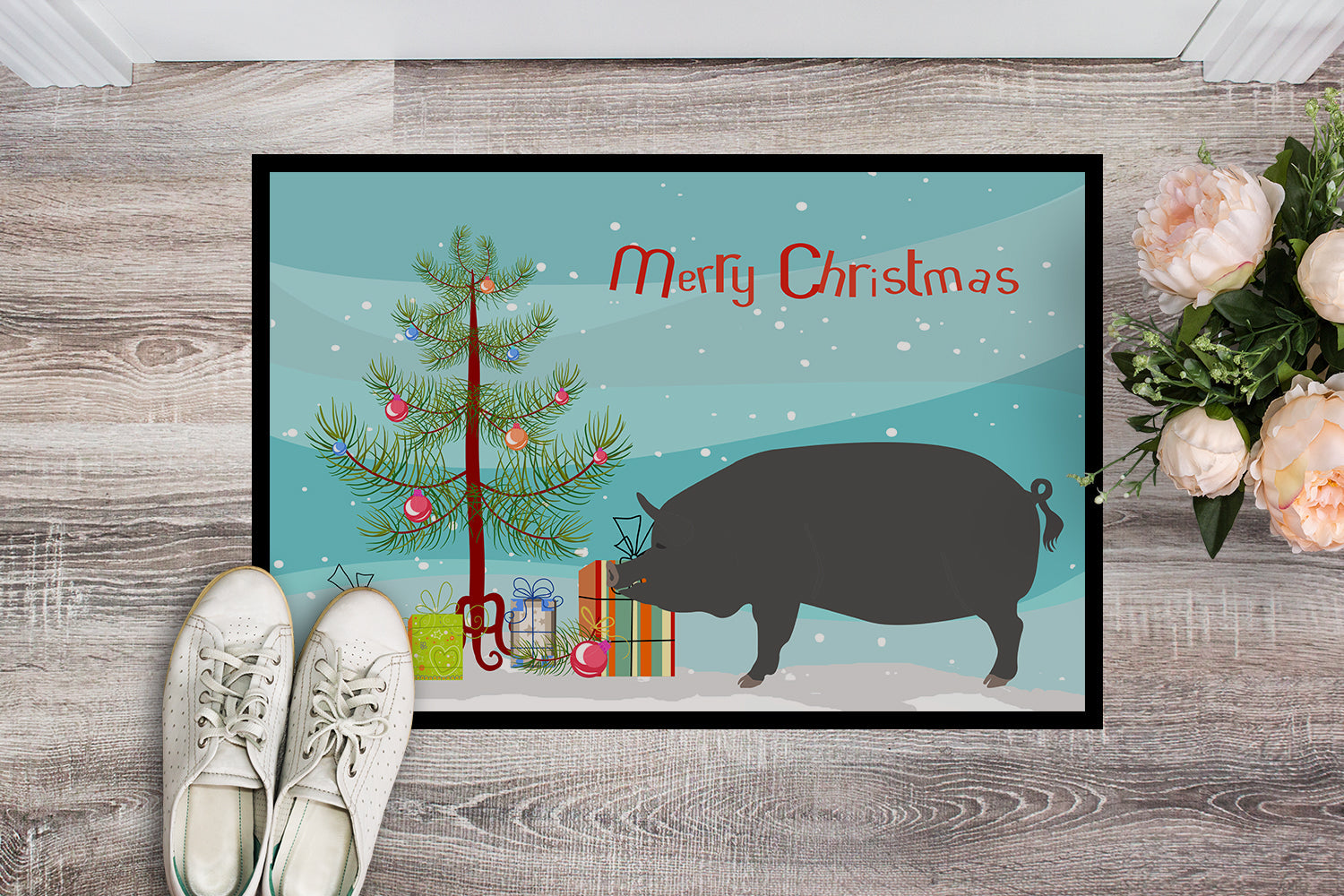 Berkshire Pig Christmas Doormat Indoor Outdoor 18H X 27W Front Door Mat Rugs for Entryway, Non Slip Washable