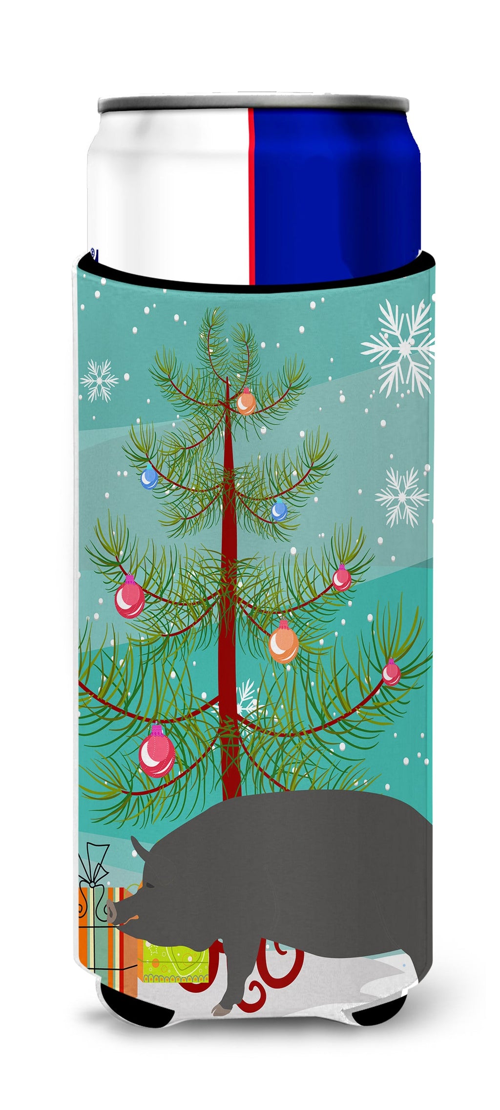 Berkshire Pig Christmas Slim Can Hugger , Insulated Foam Hugger for 12 oz Slim Cans, Beer Bottles & Water Bottles, Printed in USA