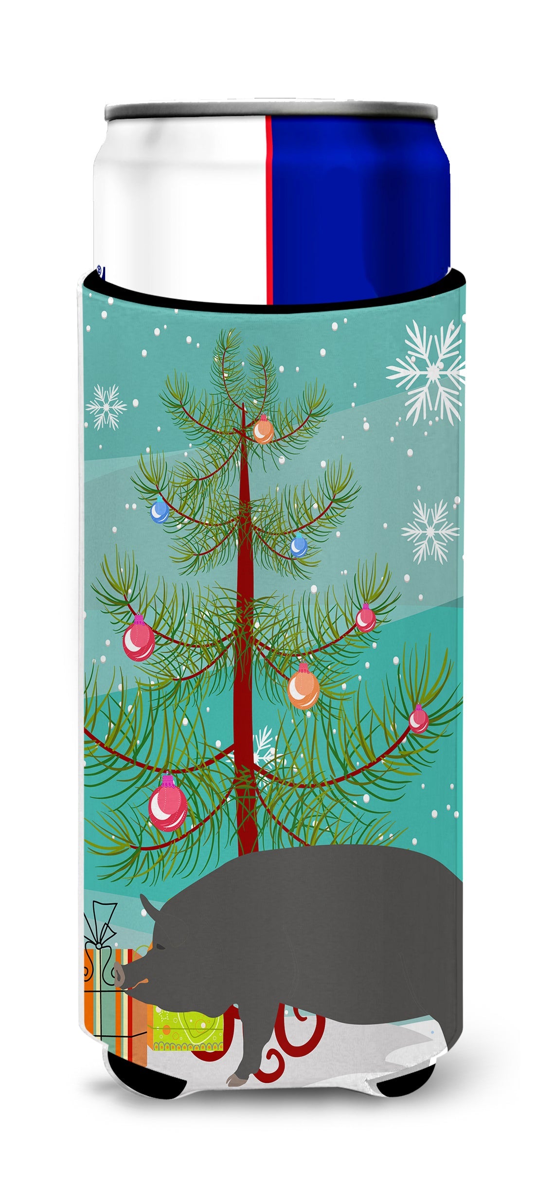 Berkshire Pig Christmas Slim Can Hugger , Insulated Foam Hugger for 12 oz Slim Cans, Beer Bottles & Water Bottles, Printed in USA
