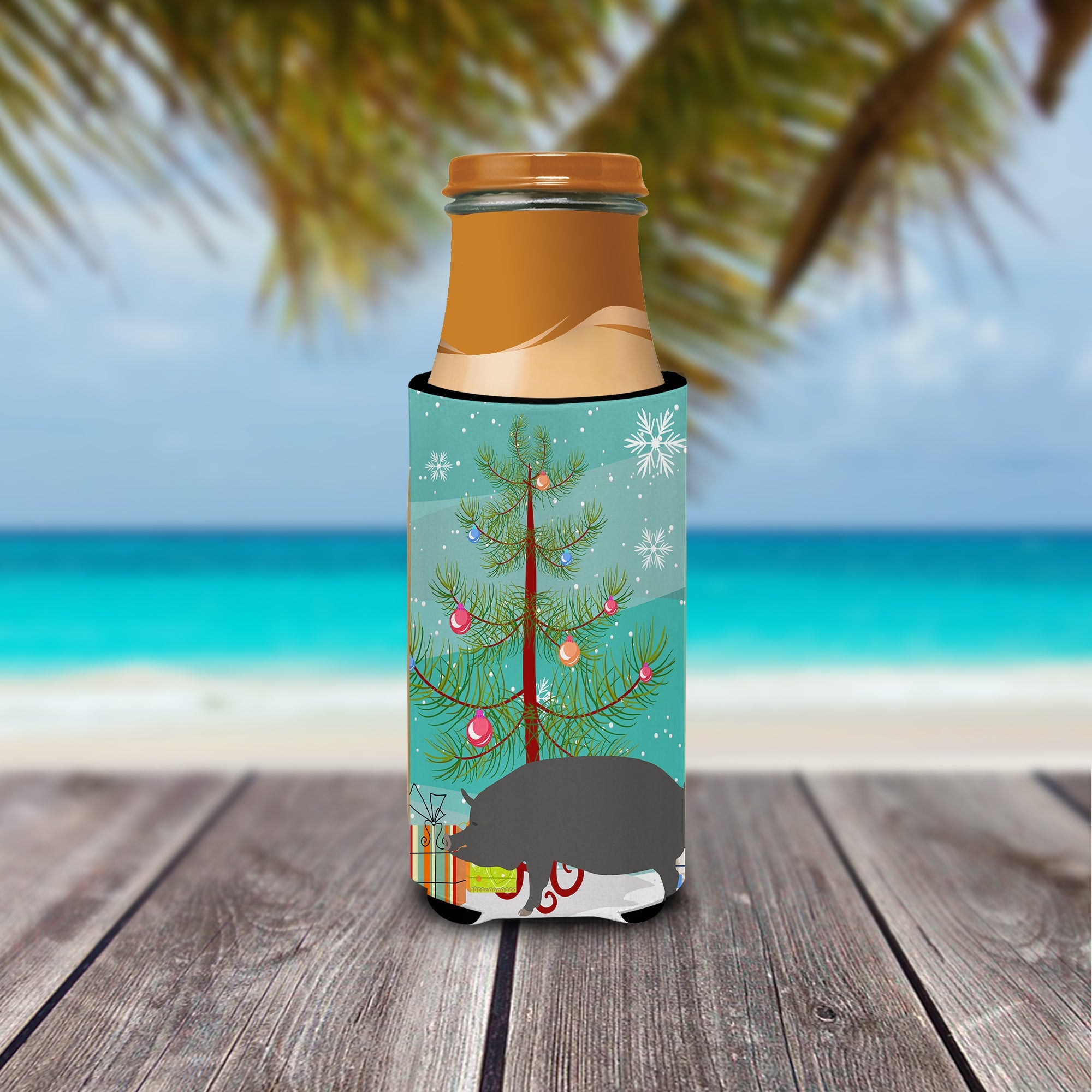 Berkshire Pig Christmas Slim Can Hugger , Insulated Foam Hugger for 12 oz Slim Cans, Beer Bottles & Water Bottles, Printed in USA