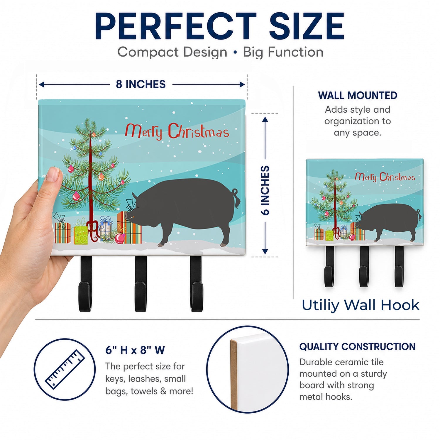 Berkshire Pig Christmas Leash or Key Holder Wall Hooks, Coat Rack Wall Mount, for Hanging Keys, Towels, Aprons, Leashes