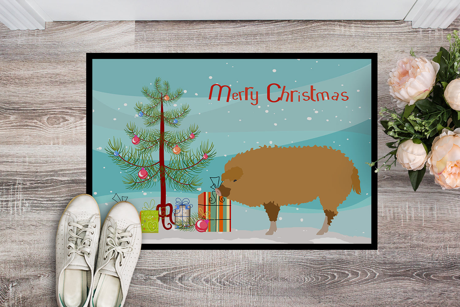 Hungarian Mangalica Pig Christmas Doormat Indoor Outdoor 24H X 36W Front Door Mat Rugs for Entryway, Non Slip Washable Low Pile,