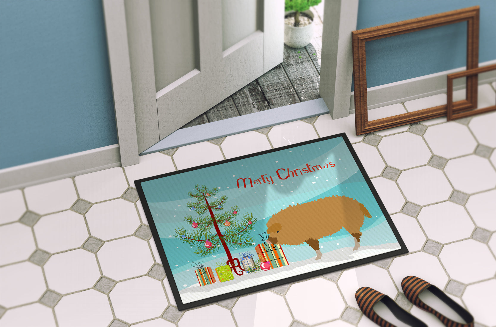 Hungarian Mangalica Pig Christmas Doormat Indoor Outdoor 18H X 27W Front Door Mat Rugs for Entryway, Non Slip Washable