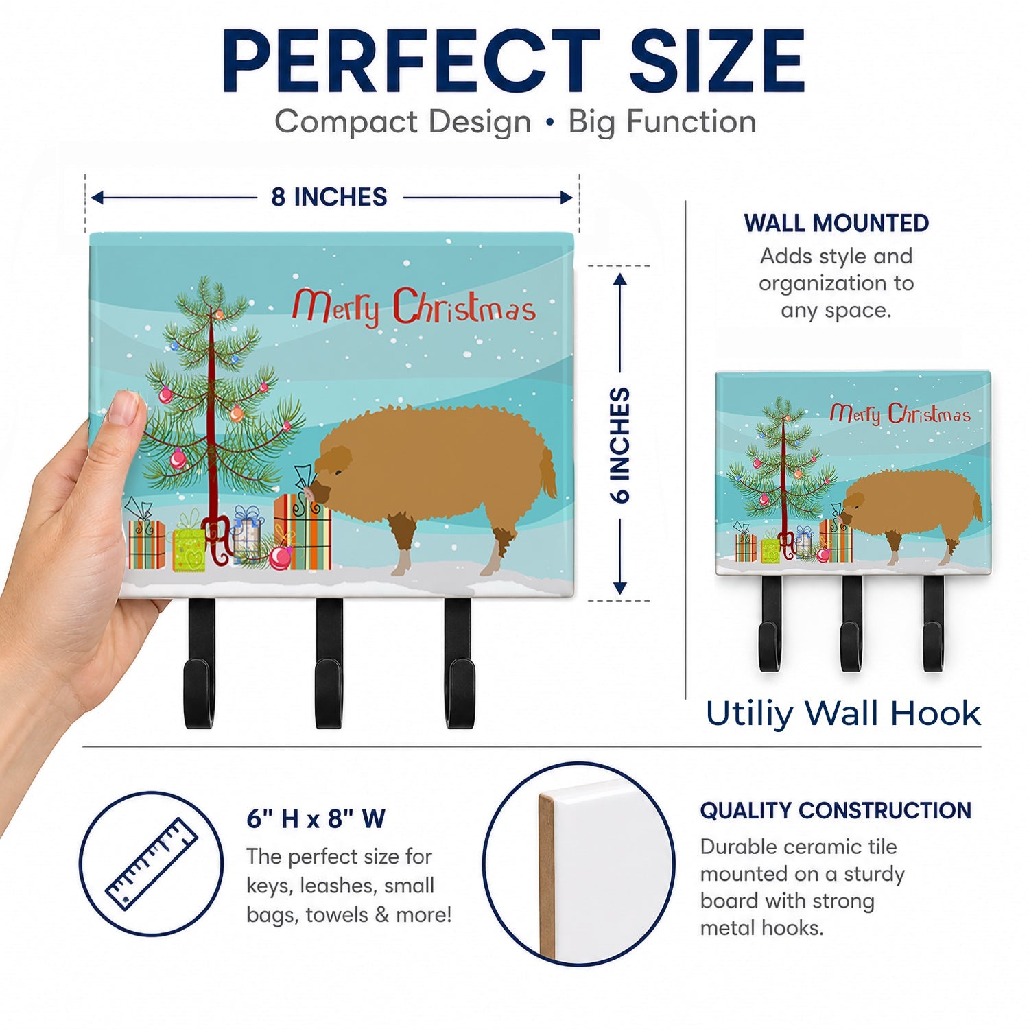 Hungarian Mangalica Pig Christmas Leash or Key Holder Wall Hooks, Coat Rack Wall Mount, for Hanging Keys, Towels, Aprons, Leashes