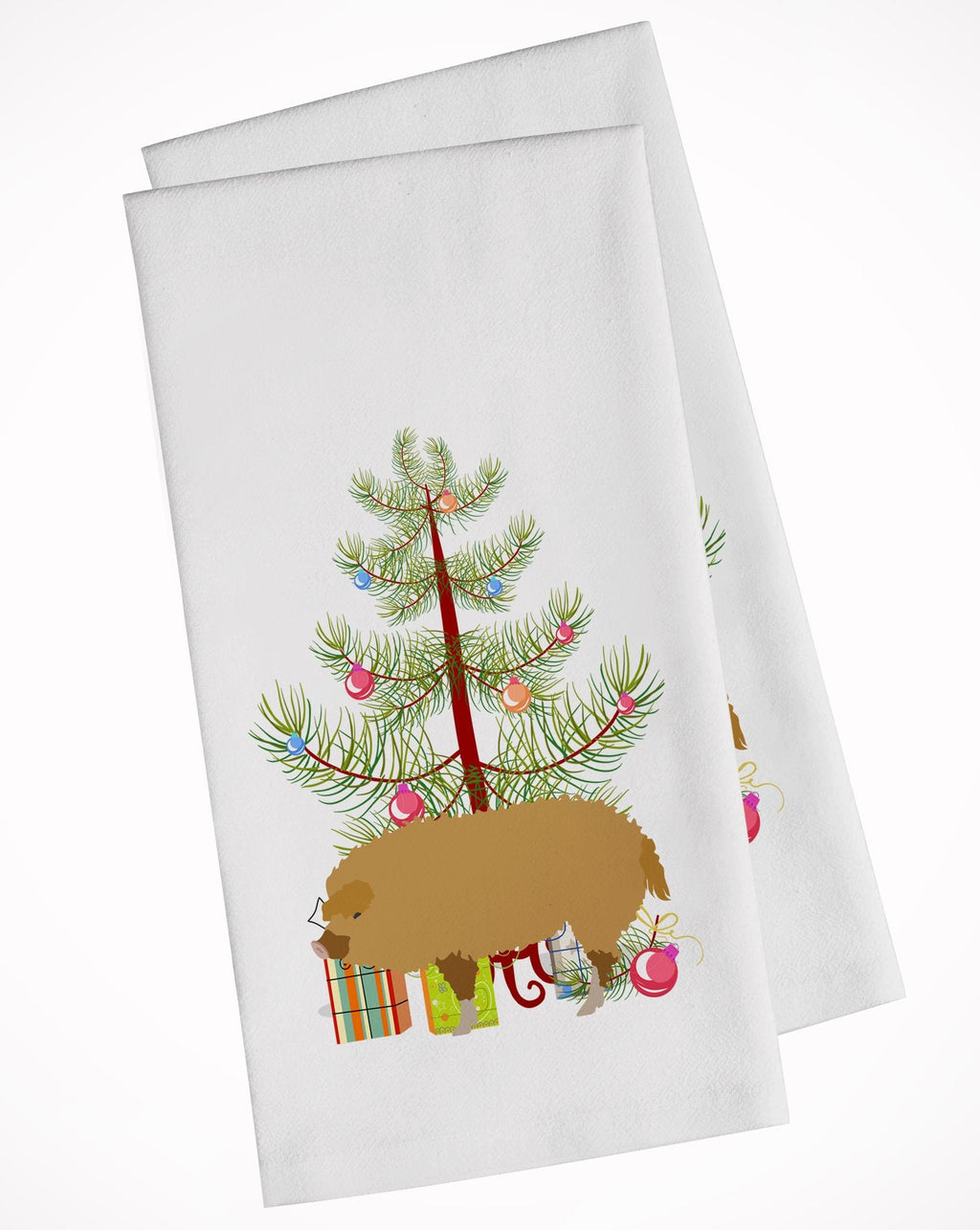 Hungarian Mangalica Pig Christmas Kitchen Towel Set of 2 White Dish Towels Decorative Bathroom Hand towel for Hand, Face, Hair, Yoga, Tea, Dishcloth, 19 X 28", White