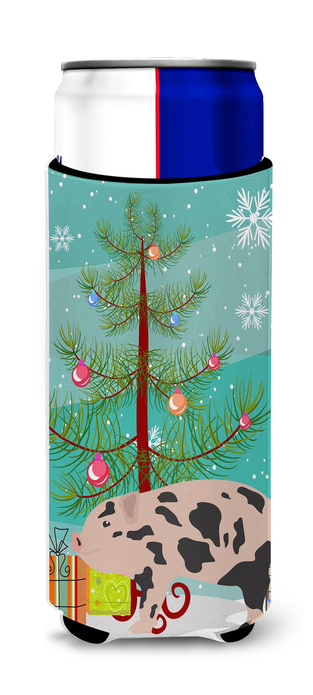 Mini Miniature Pig Christmas Slim Can Hugger , Insulated Foam Hugger for 12 oz Slim Cans, Beer Bottles & Water Bottles, Printed in USA