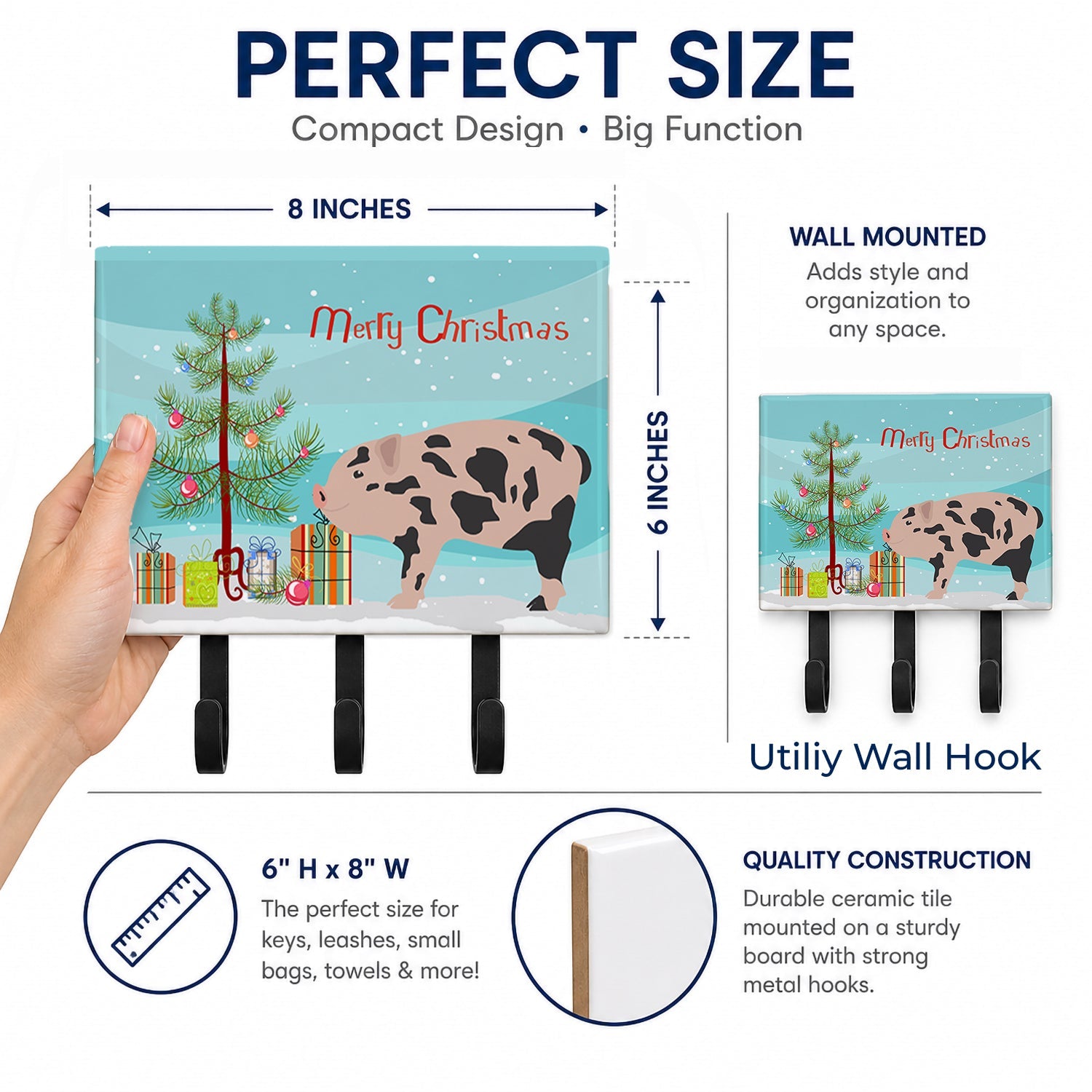 Mini Miniature Pig Christmas Leash or Key Holder Wall Hooks, Coat Rack Wall Mount, for Hanging Keys, Towels, Aprons, Leashes
