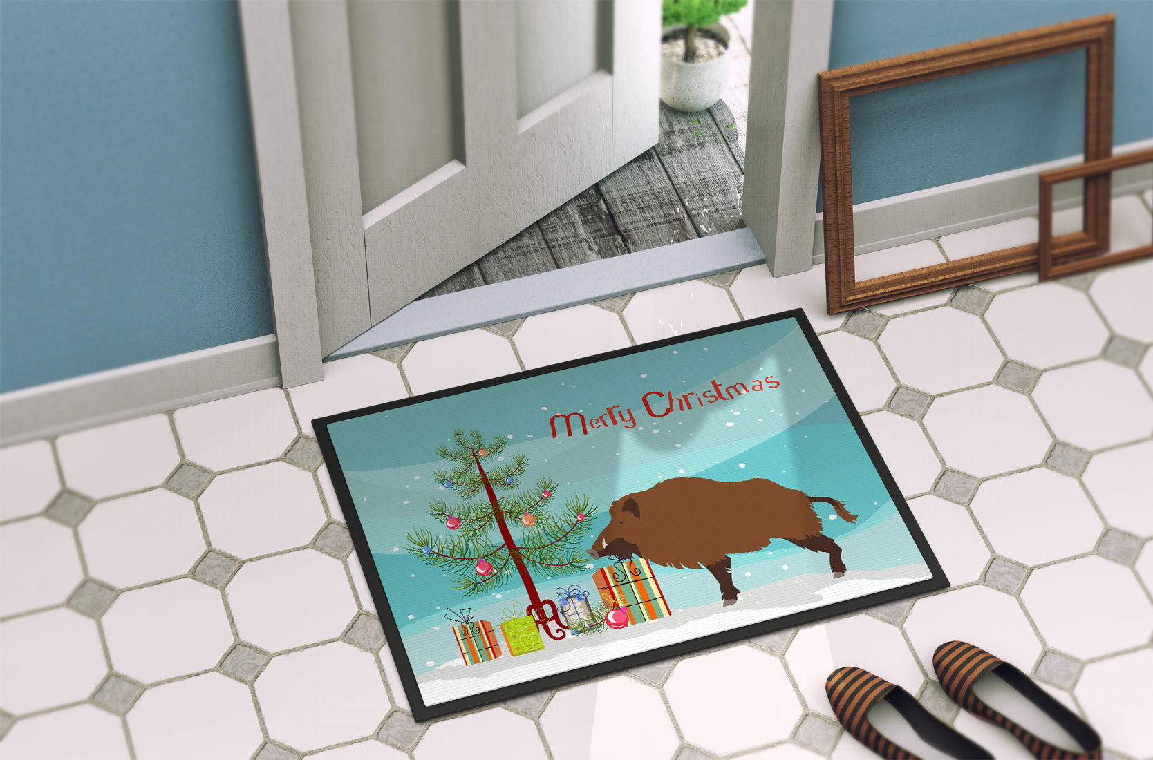 Wild Boar Pig Christmas Doormat Indoor Outdoor 24H X 36W Front Door Mat Rugs for Entryway, Non Slip Washable Low Pile,