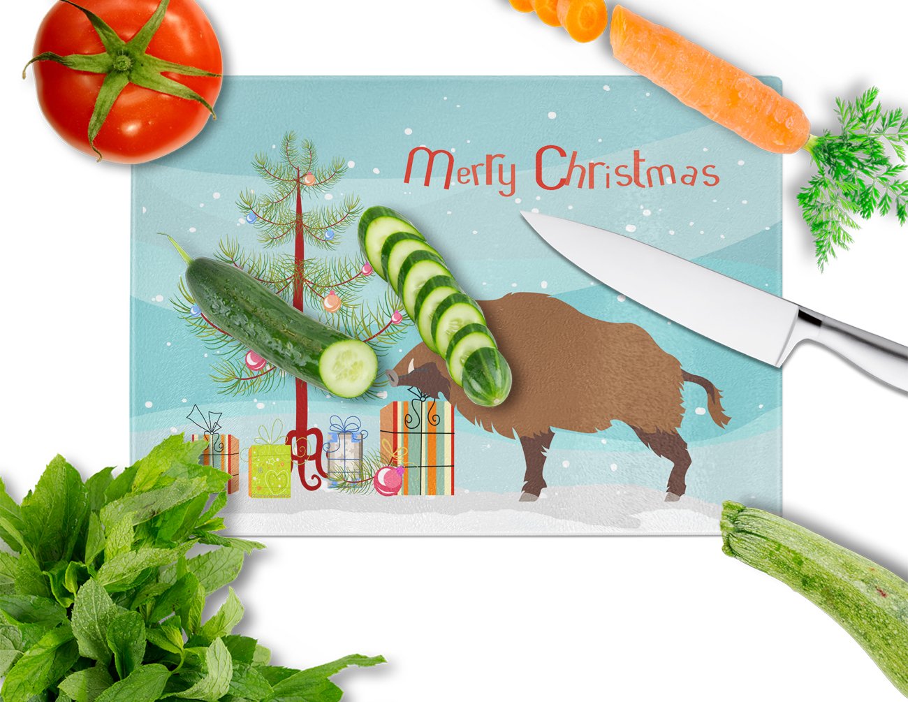 Wild Boar Pig Christmas Cutting Board Tempered Glass Kitchen Cutting Surface, Heat Resistant Chopping, Non-Slip Feet, Food Prep & Serving