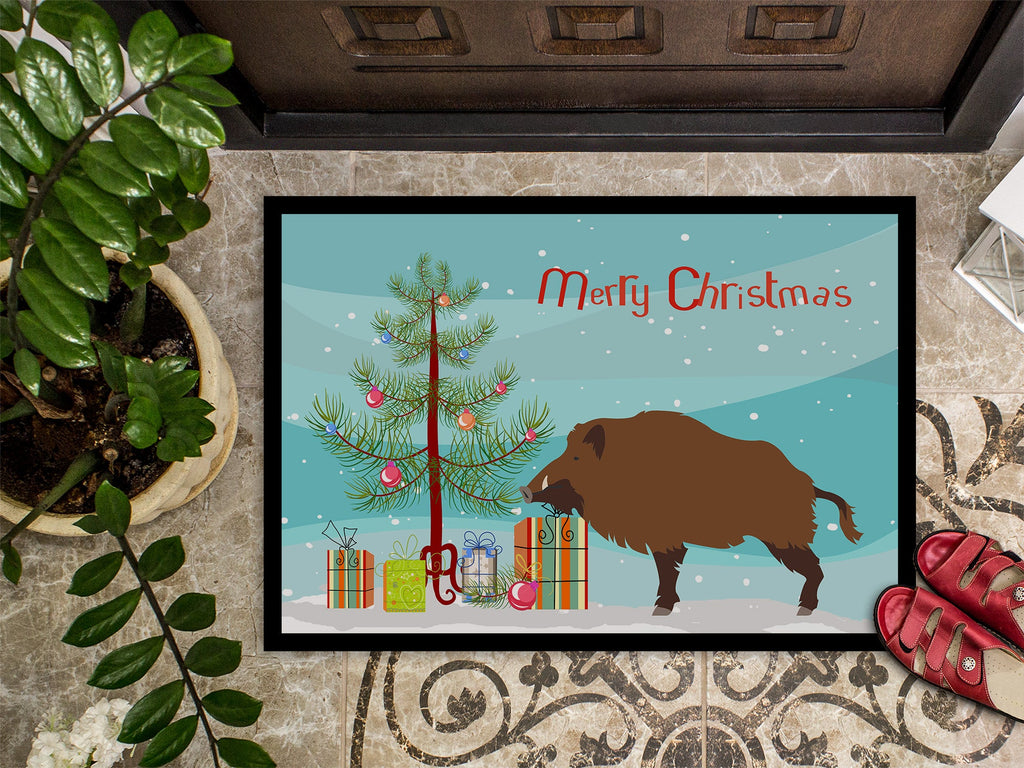 Wild Boar Pig Christmas Doormat Indoor Outdoor 18H X 27W Front Door Mat Rugs for Entryway, Non Slip Washable
