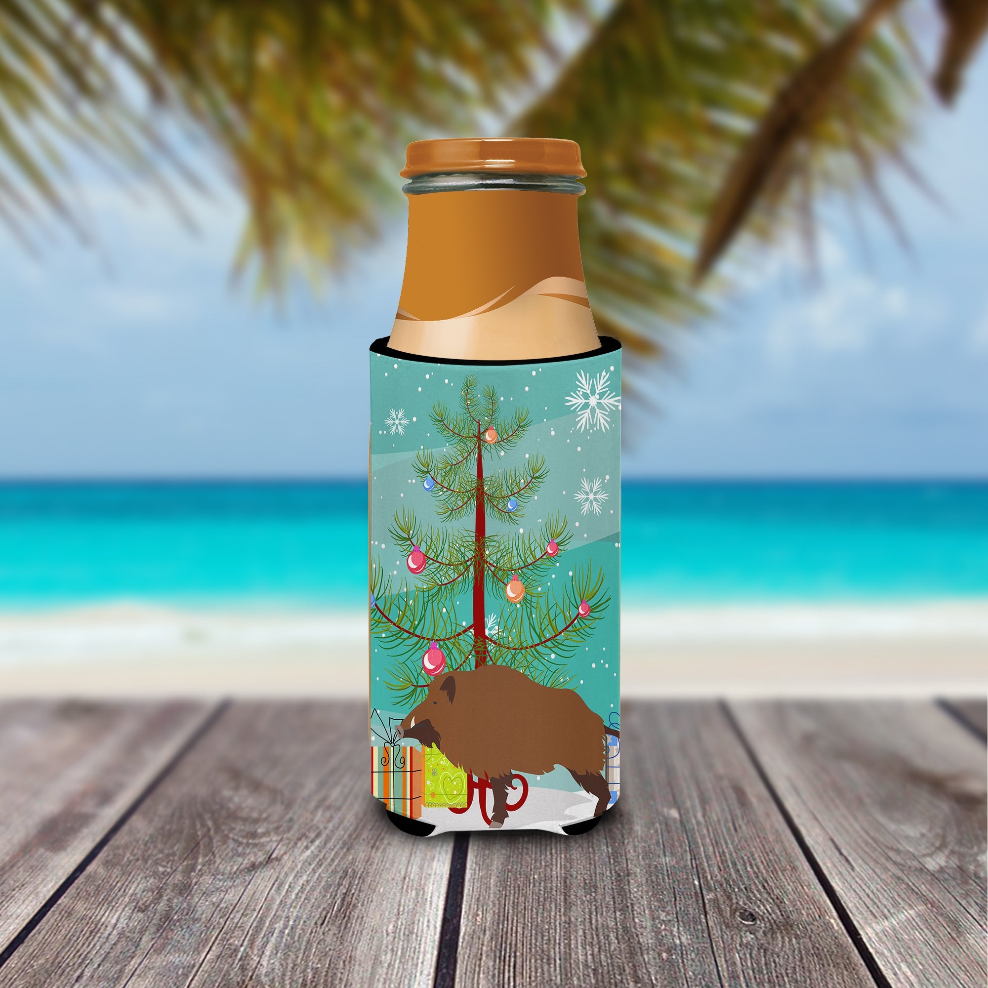 Wild Boar Pig Christmas Slim Can Hugger , Insulated Foam Hugger for 12 oz Slim Cans, Beer Bottles & Water Bottles, Printed in USA