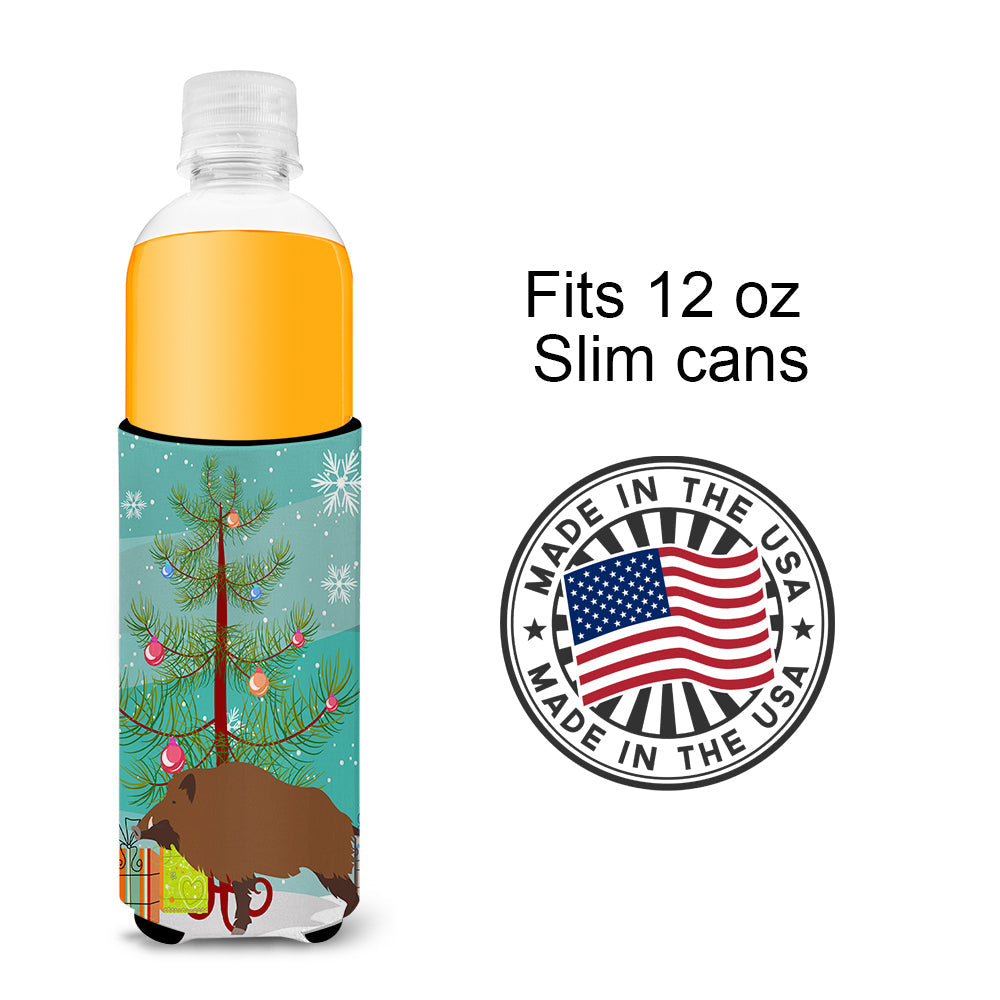 Wild Boar Pig Christmas Slim Can Hugger , Insulated Foam Hugger for 12 oz Slim Cans, Beer Bottles & Water Bottles, Printed in USA