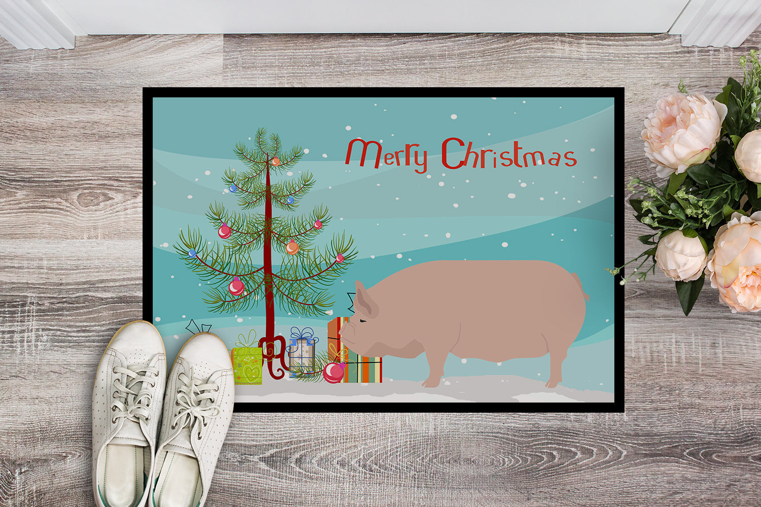 Welsh Pig Christmas Doormat Indoor Outdoor 18H X 27W Front Door Mat Rugs for Entryway, Non Slip Washable