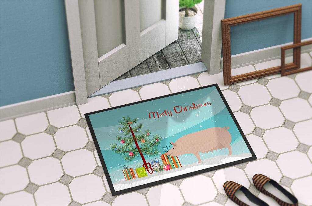 English Large White Pig Christmas Doormat Indoor Outdoor 24H X 36W Front Door Mat Rugs for Entryway, Non Slip Washable Low Pile,