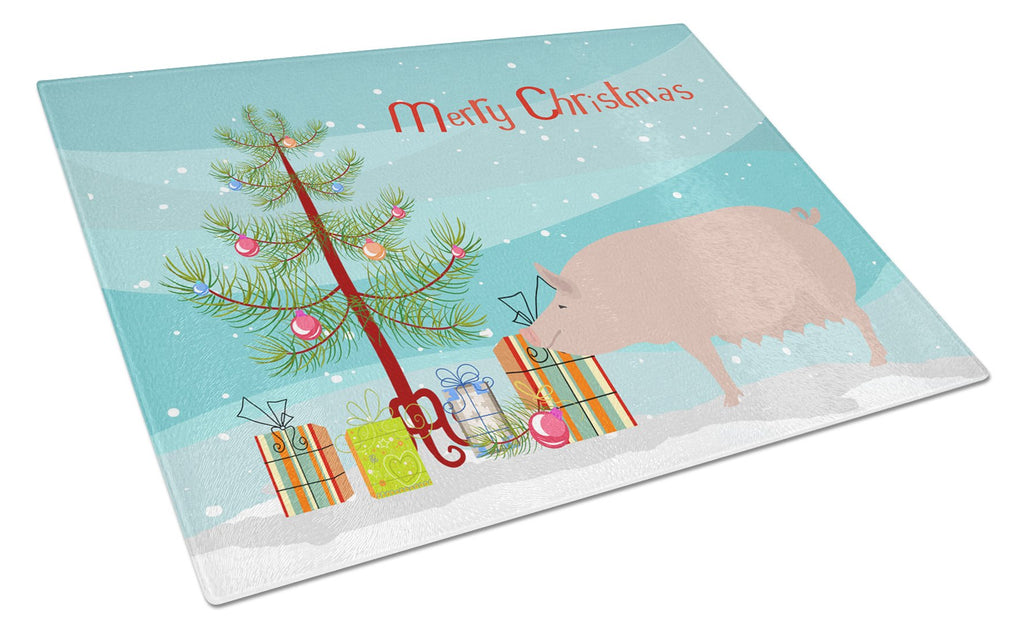 English Large White Pig Christmas Cutting Board Tempered Glass Kitchen Cutting Surface, Heat Resistant Chopping, Non-Slip Feet, Food Prep & Serving