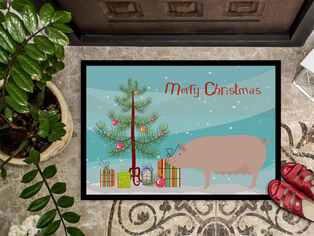 English Large White Pig Christmas Doormat Indoor Outdoor 18H X 27W Front Door Mat Rugs for Entryway, Non Slip Washable
