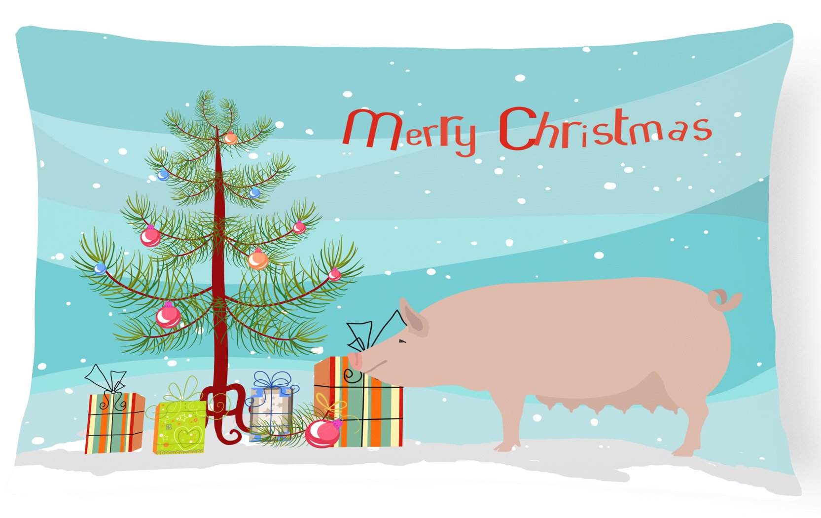 English Large White Pig Christmas Decorative Throw Pillow 12x16 Indoor Outdoor Accent Cushion, Fabric Cover with Insert for Sofa, Bed, Porch & Living Room