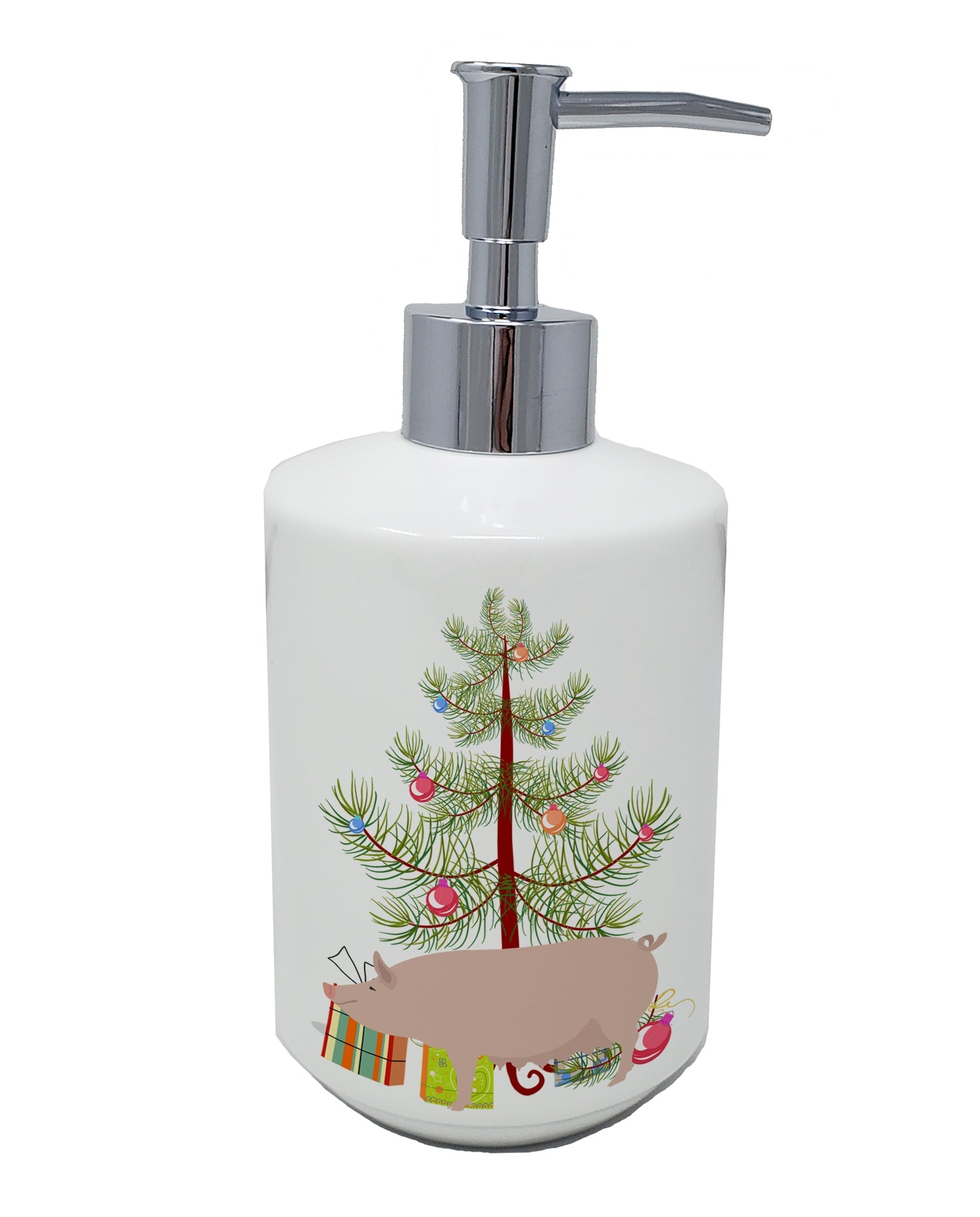 English Large White Pig Christmas Ceramic Soap Dispenser , Empty Refillable Hand Soap Pump Bottle for Bathroom Kitchen