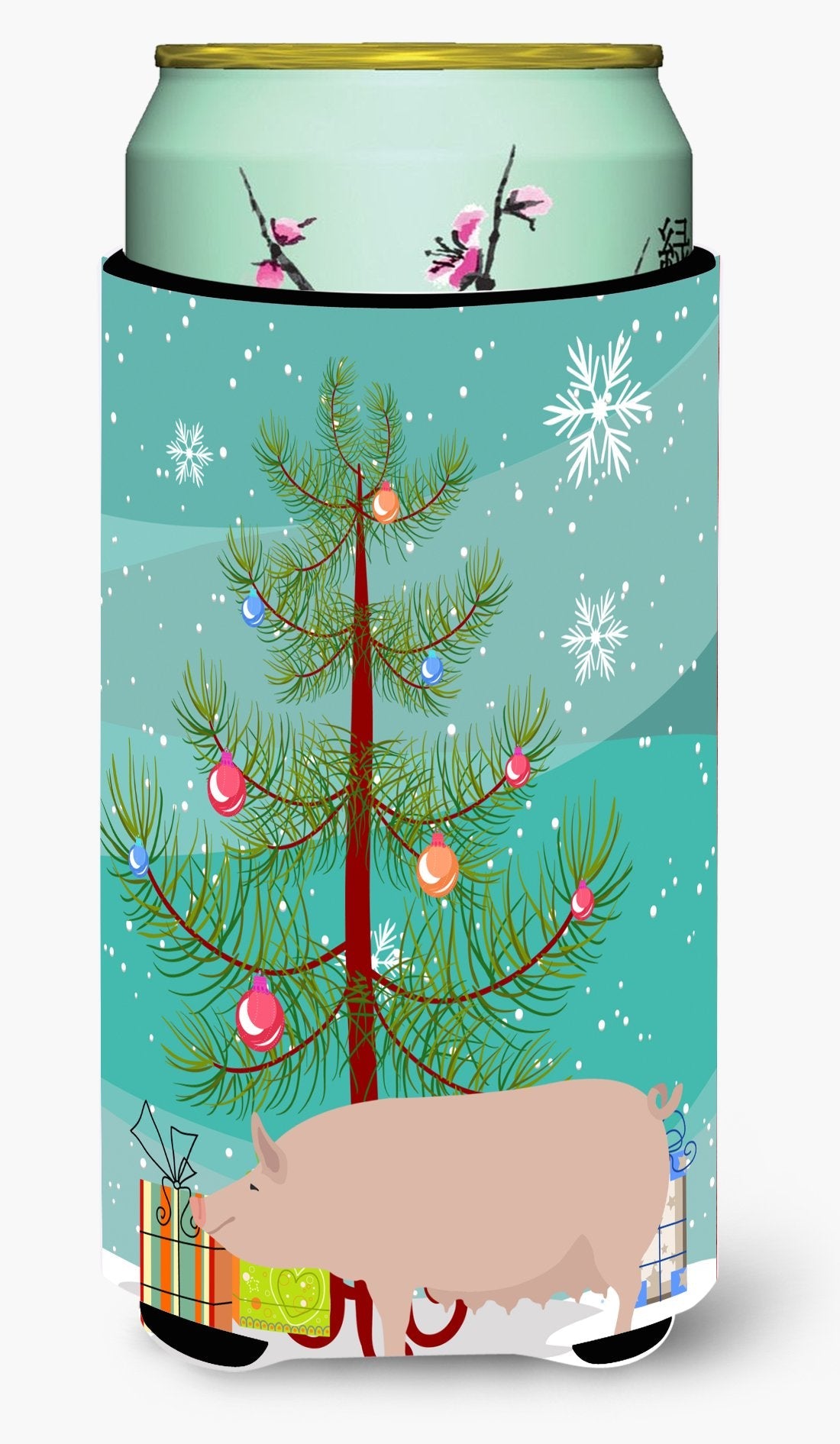English Large White Pig Christmas Tall Boy Hugger Can Cooler Sleeve Machine Washable Drink Collapsible Insulator Beverage Insulated Holder