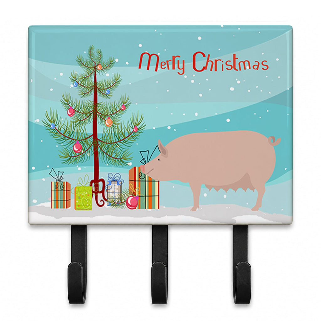 English Large White Pig Christmas Leash or Key Holder Wall Hooks, Coat Rack Wall Mount, for Hanging Keys, Towels, Aprons, Leashes
