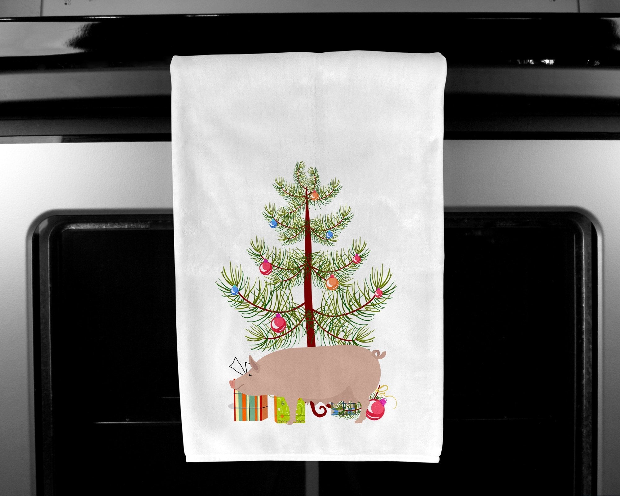 English Large White Pig Christmas Kitchen Towel Set of 2 White Dish Towels Decorative Bathroom Hand towel for Hand, Face, Hair, Yoga, Tea, Dishcloth, 19 X 28", White