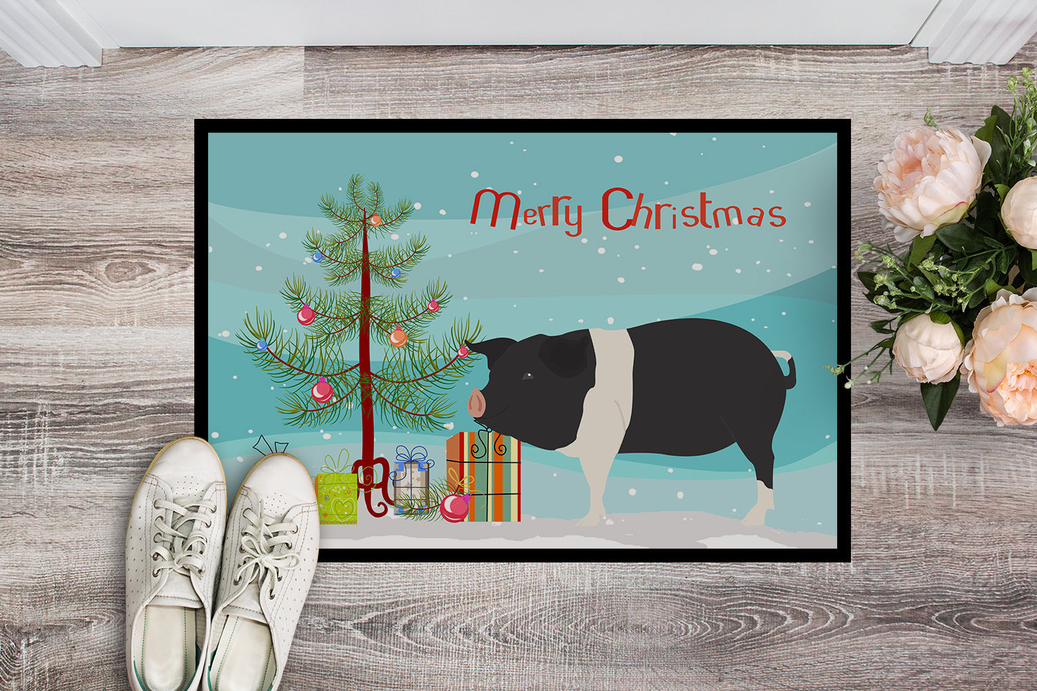 Hampshire Pig Christmas Doormat Indoor Outdoor 18H X 27W Front Door Mat Rugs for Entryway, Non Slip Washable