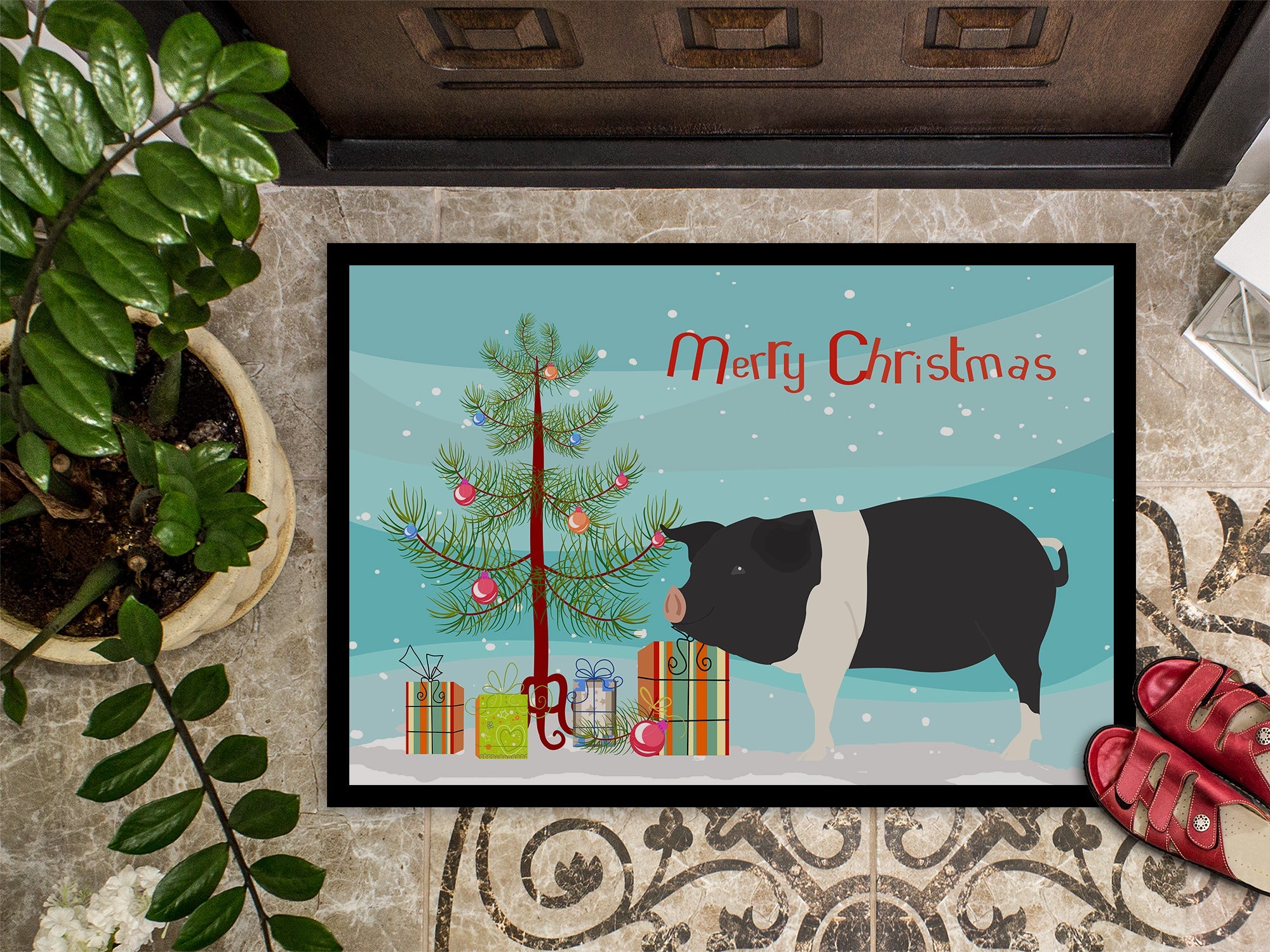 Hampshire Pig Christmas Doormat Indoor Outdoor 18H X 27W Front Door Mat Rugs for Entryway, Non Slip Washable