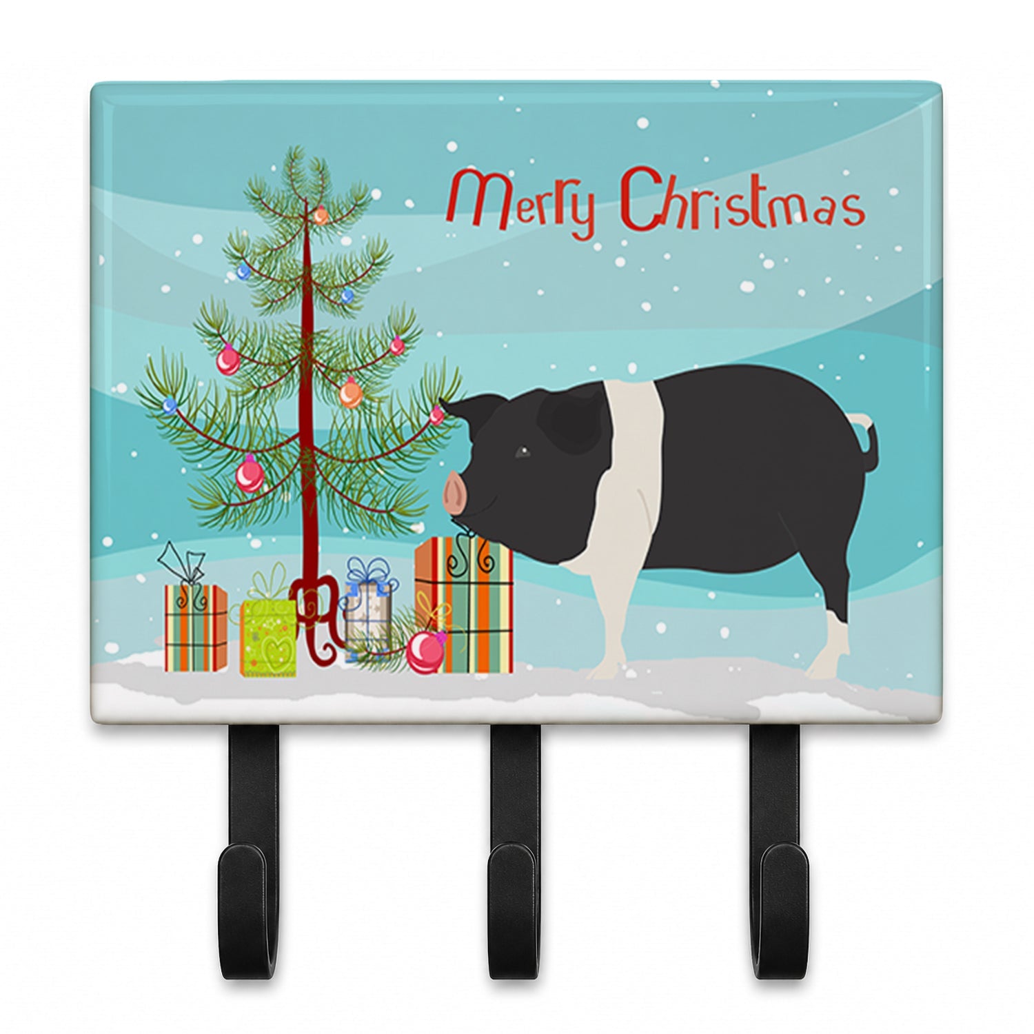 Hampshire Pig Christmas Leash or Key Holder Wall Hooks, Coat Rack Wall Mount, for Hanging Keys, Towels, Aprons, Leashes