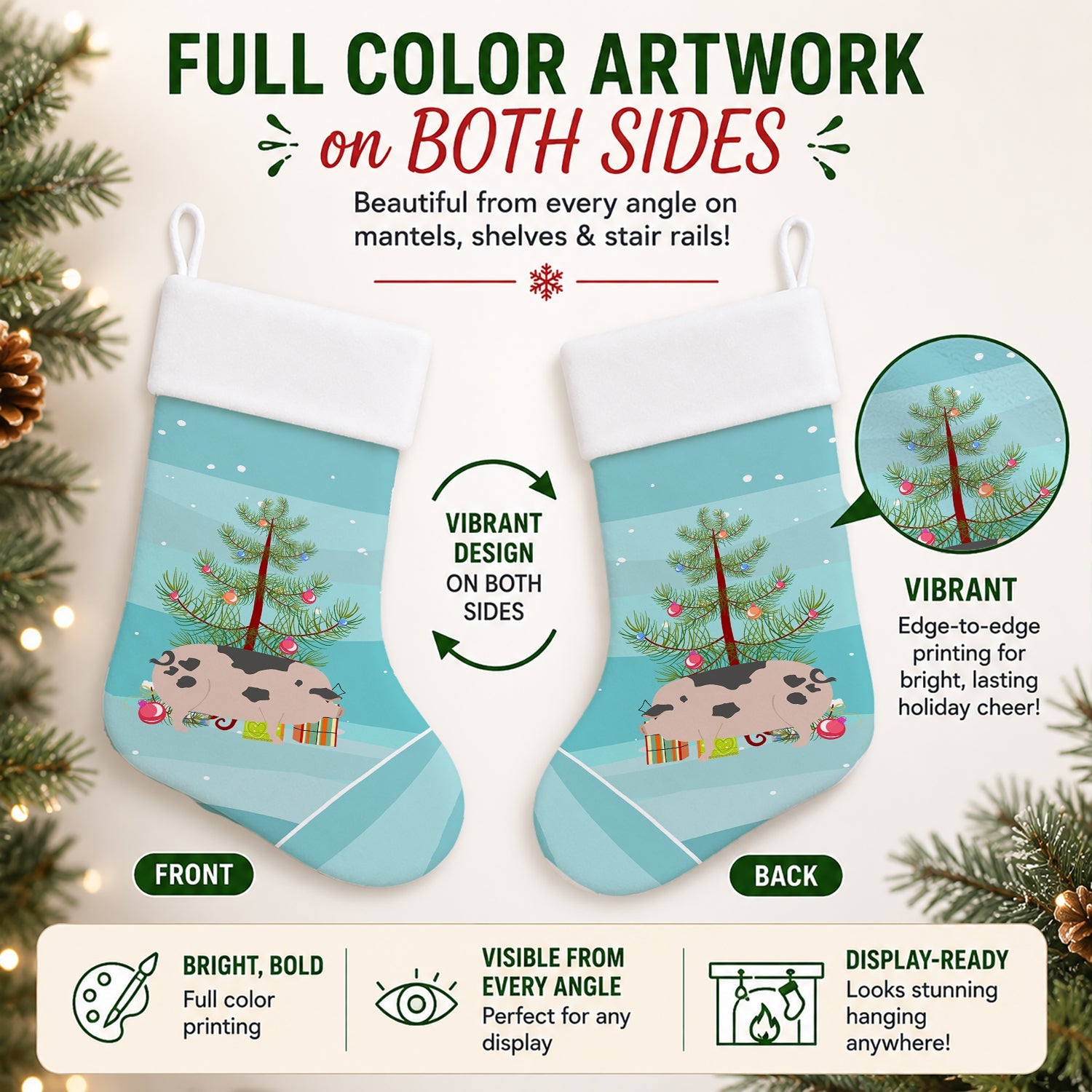 Gloucester Old Spot Pig Christmas Holiday Stocking Double-Sided Print, Polyester Suede,11x18, Made in USA