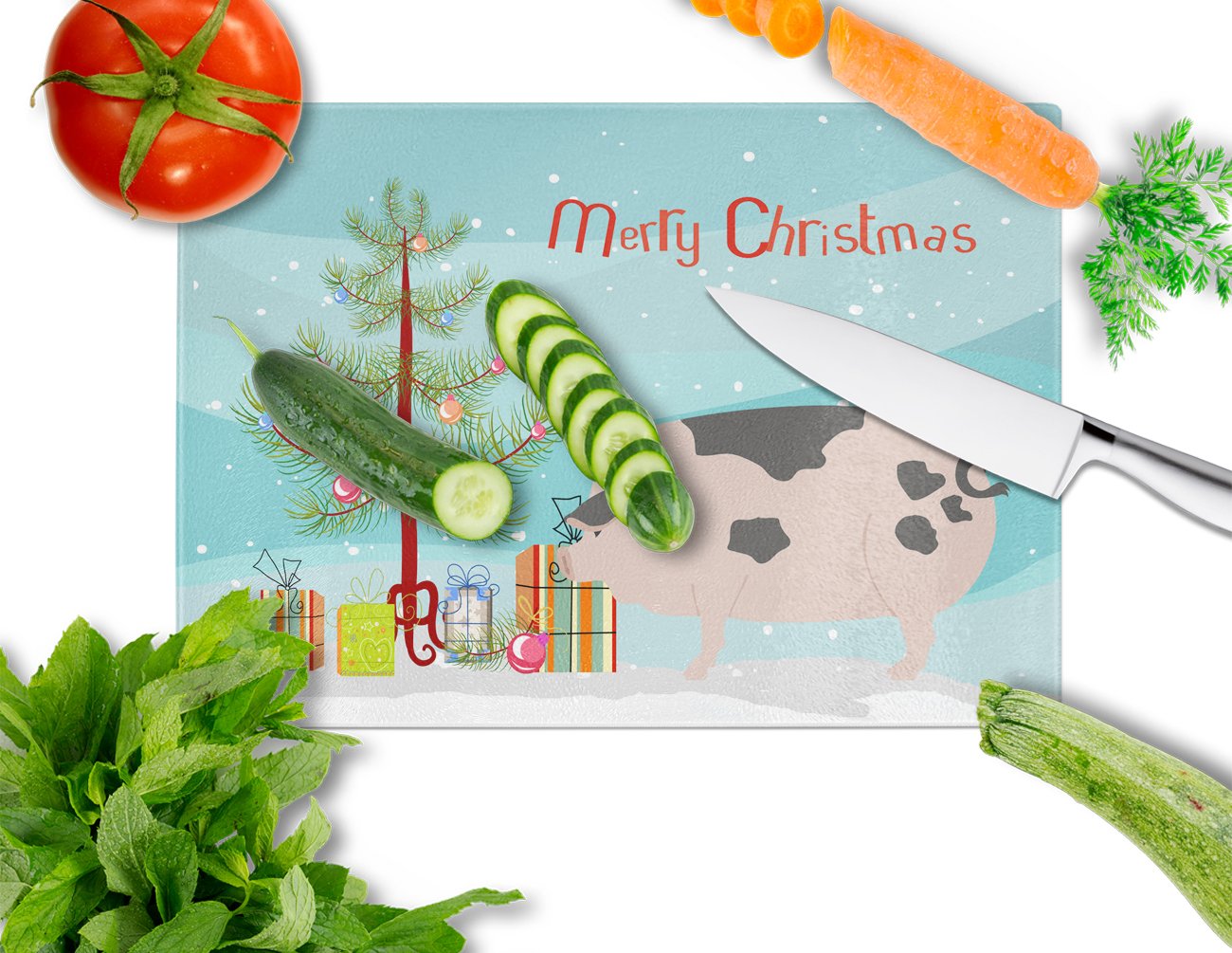 Gloucester Old Spot Pig Christmas Cutting Board Tempered Glass Kitchen Cutting Surface, Heat Resistant Chopping, Non-Slip Feet, Food Prep & Serving
