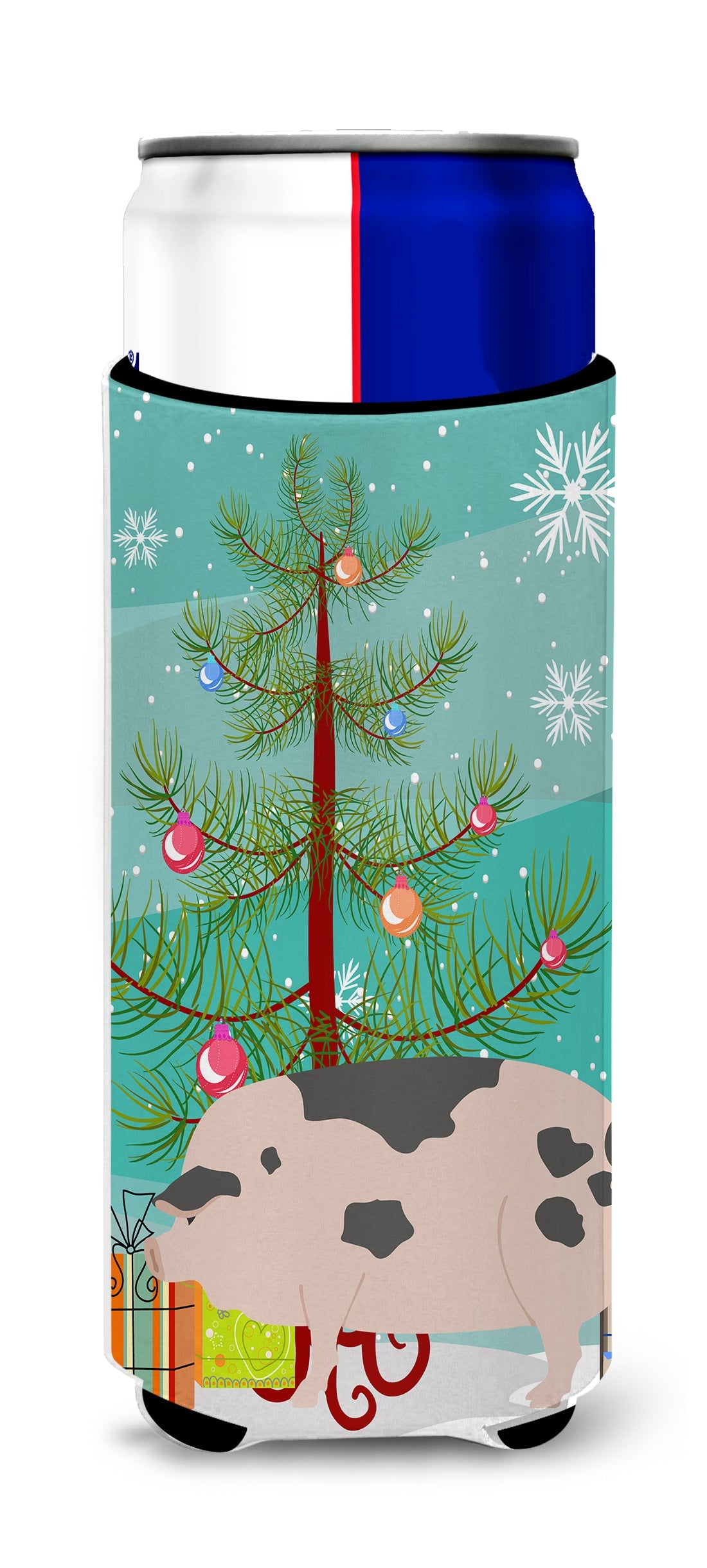 Gloucester Old Spot Pig Christmas Slim Can Hugger , Insulated Foam Hugger for 12 oz Slim Cans, Beer Bottles & Water Bottles, Printed in USA