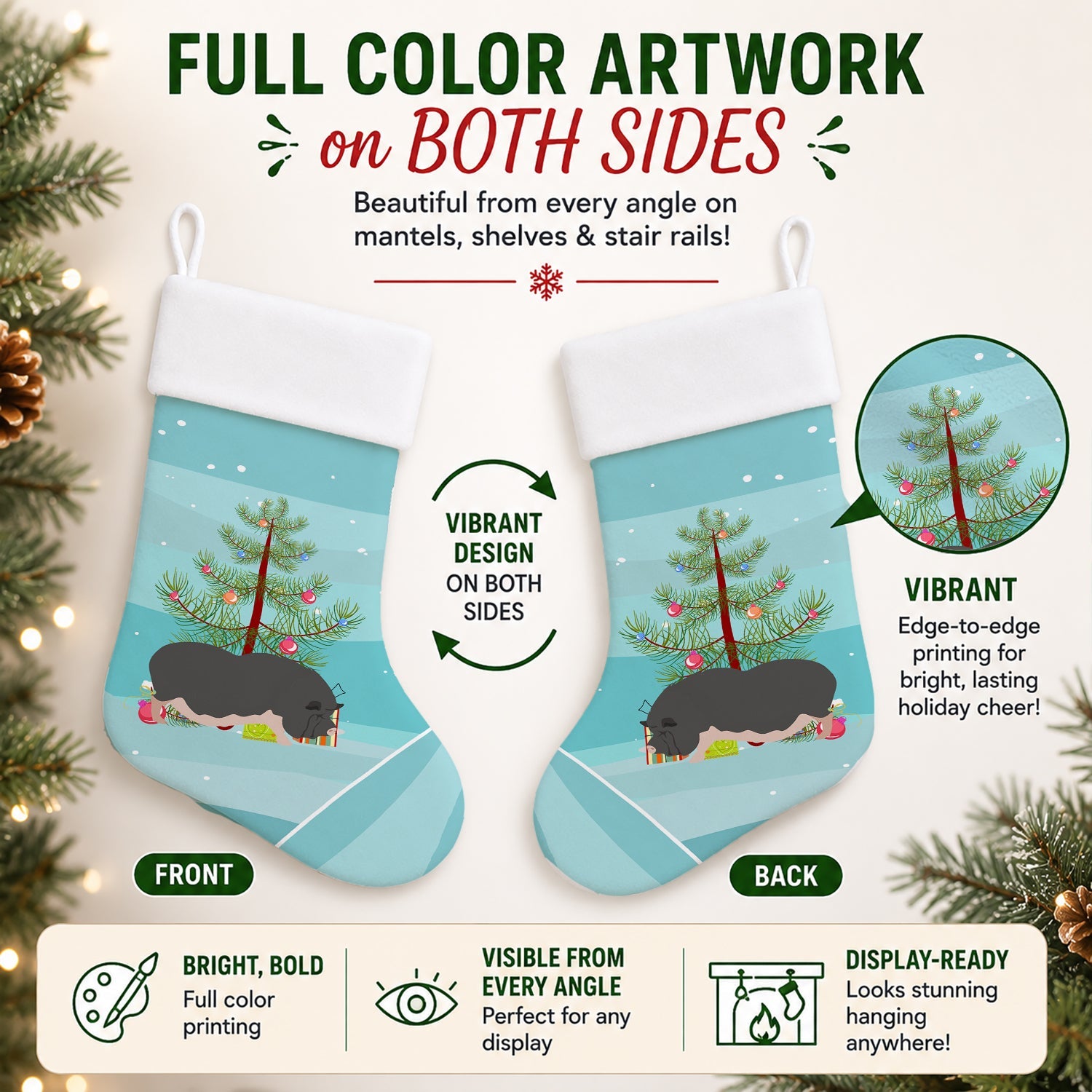 Vietnamese Pot-Bellied Pig Christmas Holiday Stocking Double-Sided Print, Polyester Suede,11x18, Made in USA