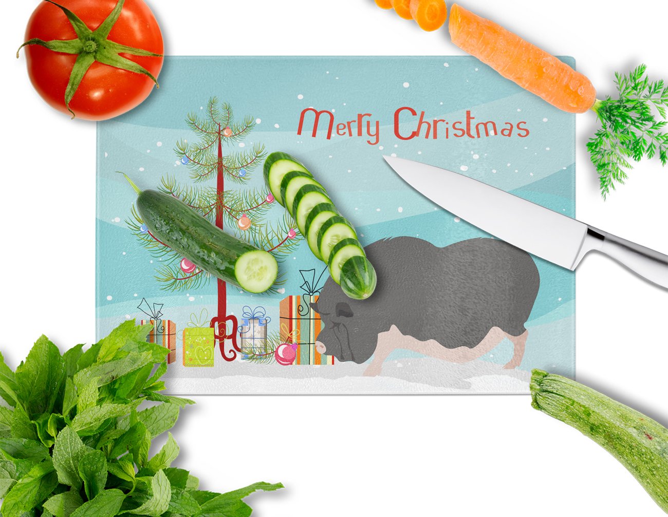 Vietnamese Pot-Bellied Pig Christmas Cutting Board Tempered Glass Kitchen Cutting Surface, Heat Resistant Chopping, Non-Slip Feet, Food Prep & Serving