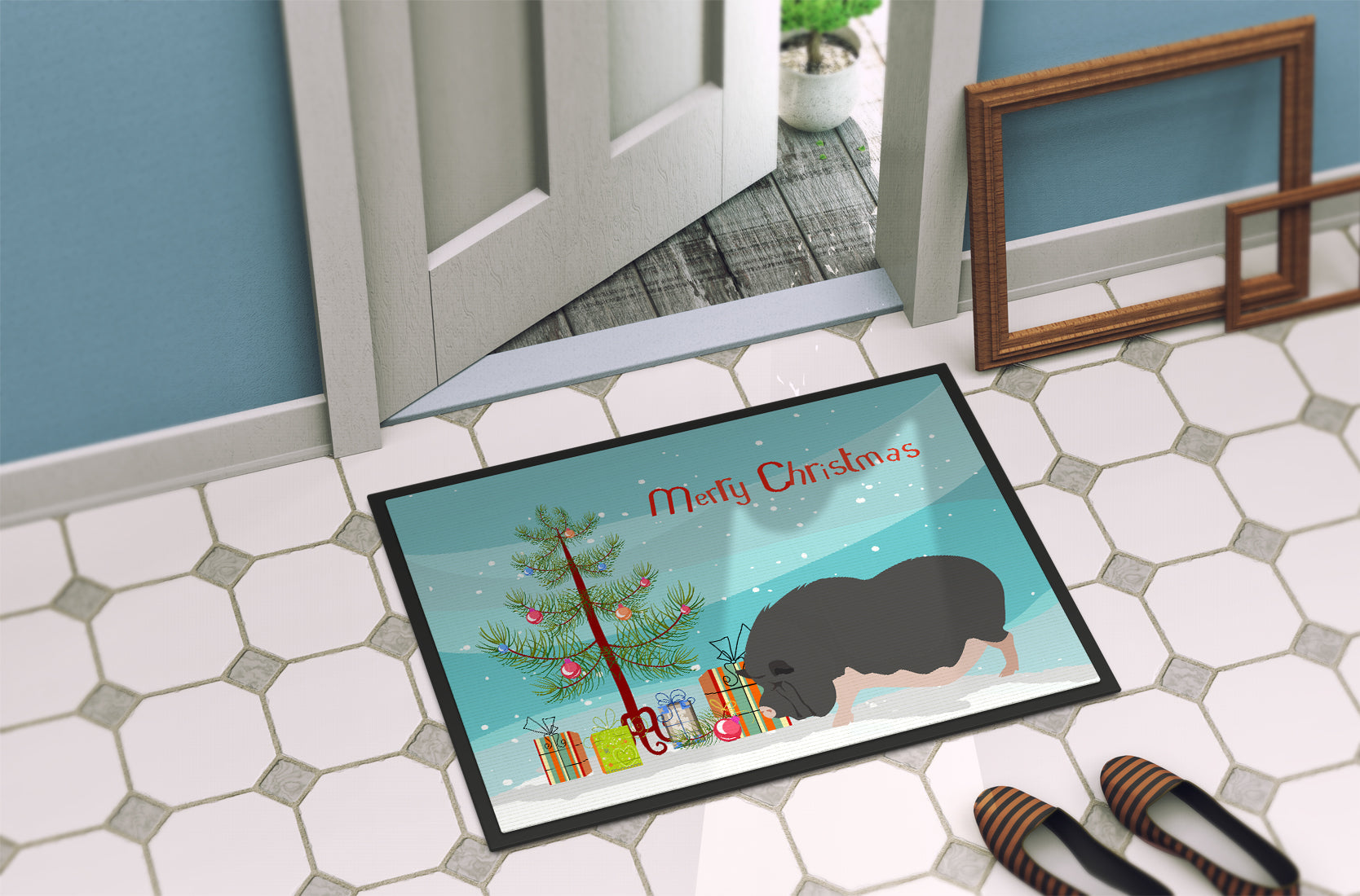Vietnamese Pot-Bellied Pig Christmas Doormat Indoor Outdoor 18H X 27W Front Door Mat Rugs for Entryway, Non Slip Washable