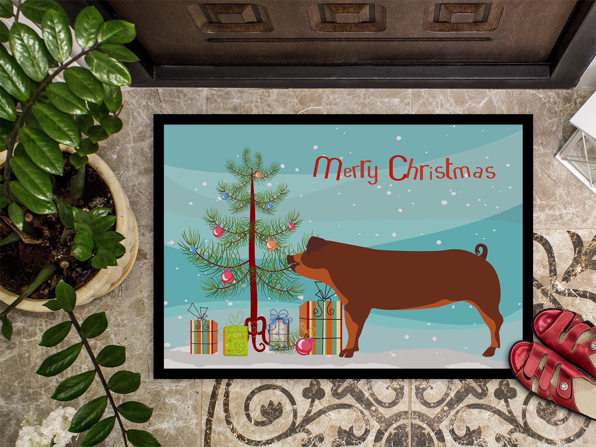 Duroc Pig Christmas Doormat Indoor Outdoor 24H X 36W Front Door Mat Rugs for Entryway, Non Slip Washable Low Pile,