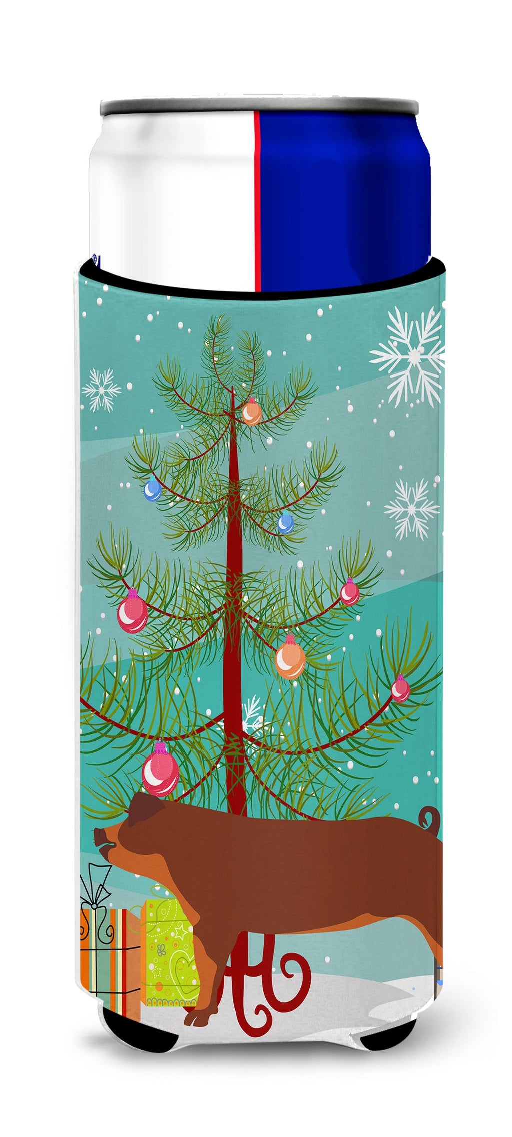 Duroc Pig Christmas Slim Can Hugger , Insulated Foam Hugger for 12 oz Slim Cans, Beer Bottles & Water Bottles, Printed in USA