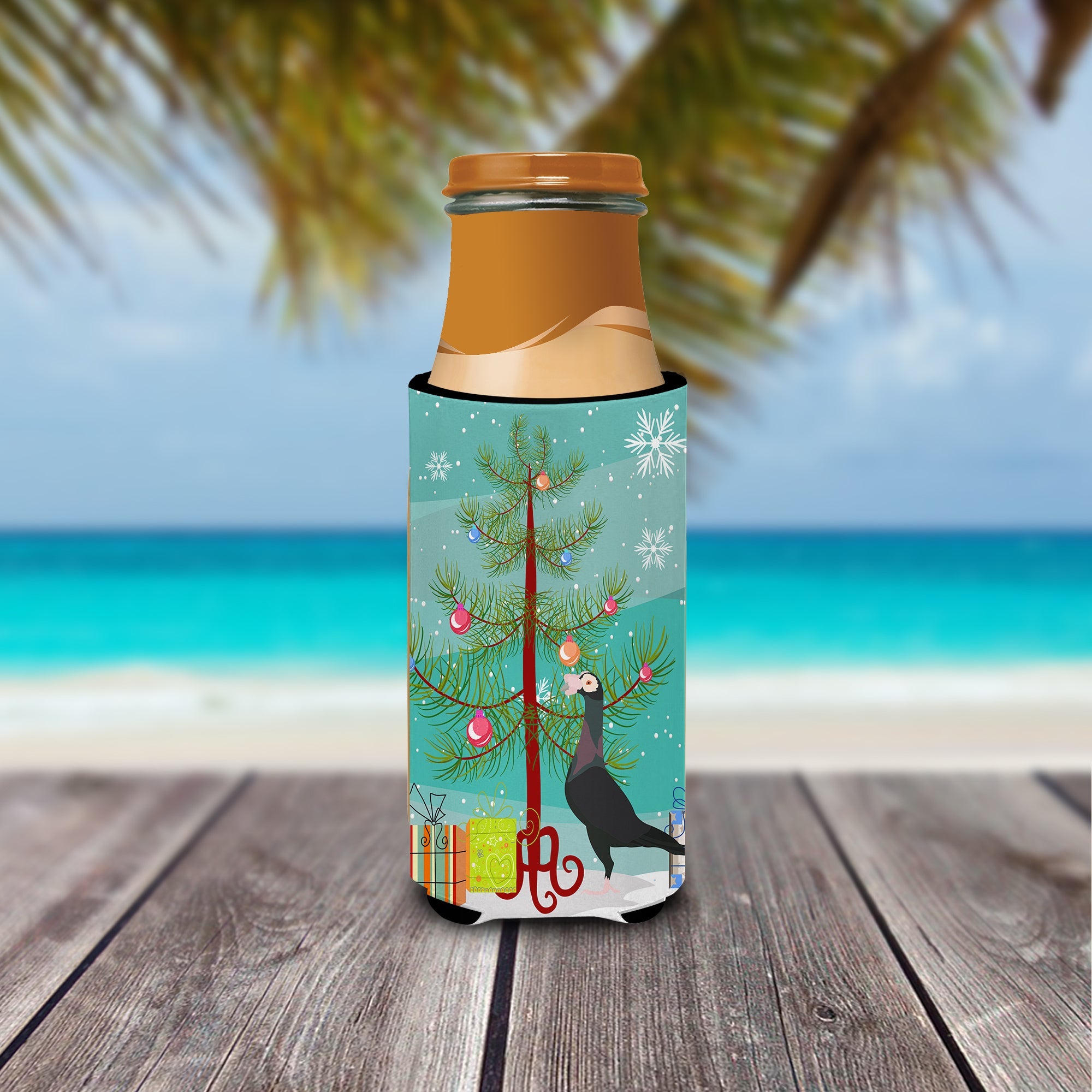 English Carrier Pigeon Christmas Slim Can Hugger , Insulated Foam Hugger for 12 oz Slim Cans, Beer Bottles & Water Bottles, Printed in USA