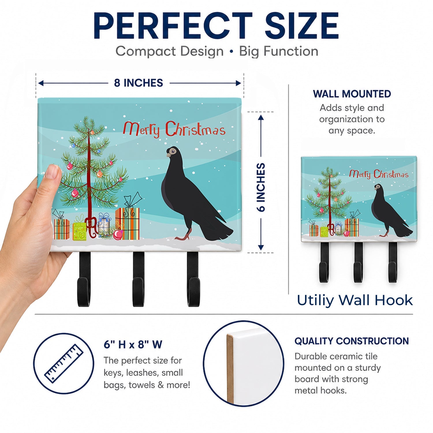 Budapest Highflyer Pigeon Christmas Leash or Key Holder Wall Hooks, Coat Rack Wall Mount, for Hanging Keys, Towels, Aprons, Leashes