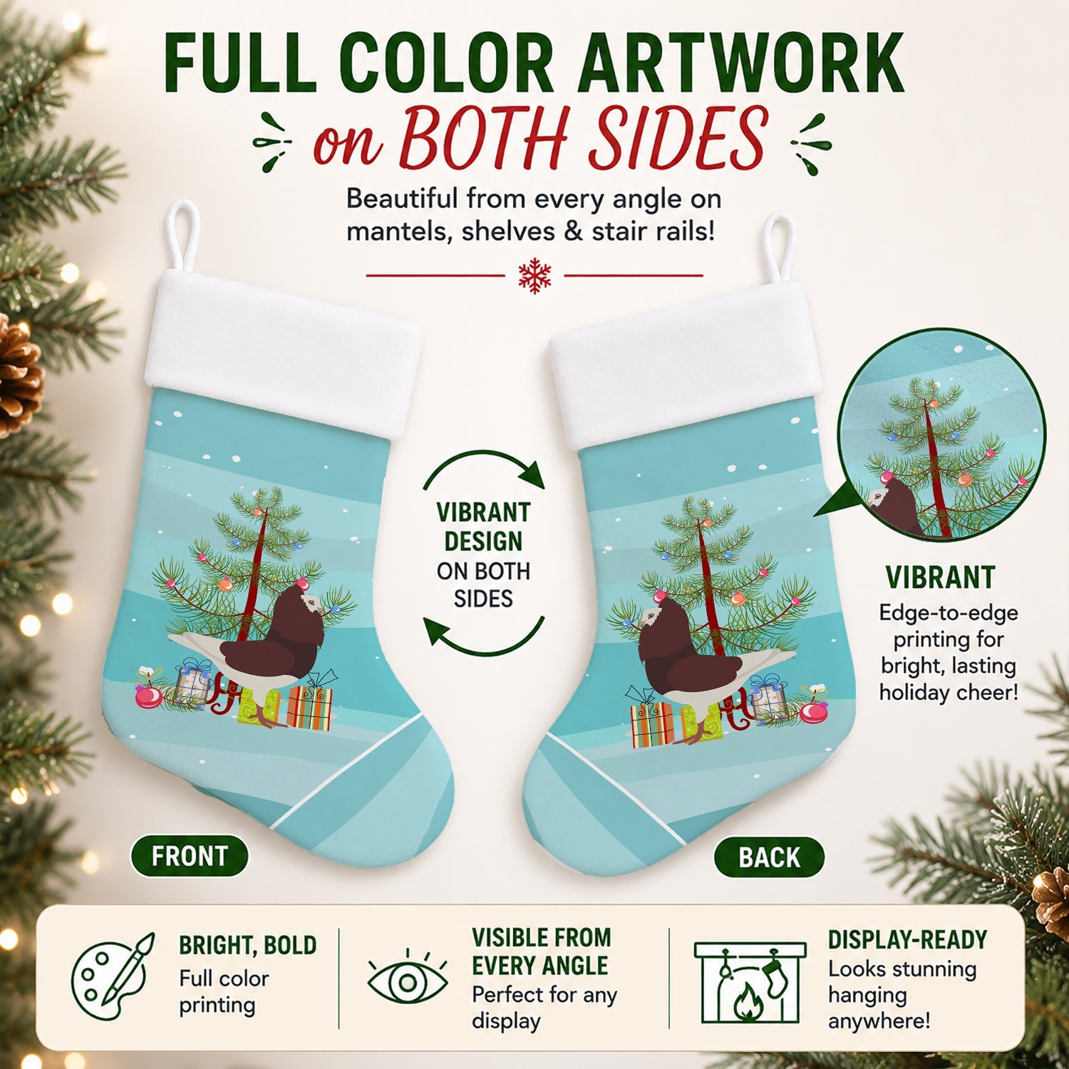 Capuchin Red Pigeon Christmas Holiday Stocking Double-Sided Print, Polyester Suede,11x18, Made in USA