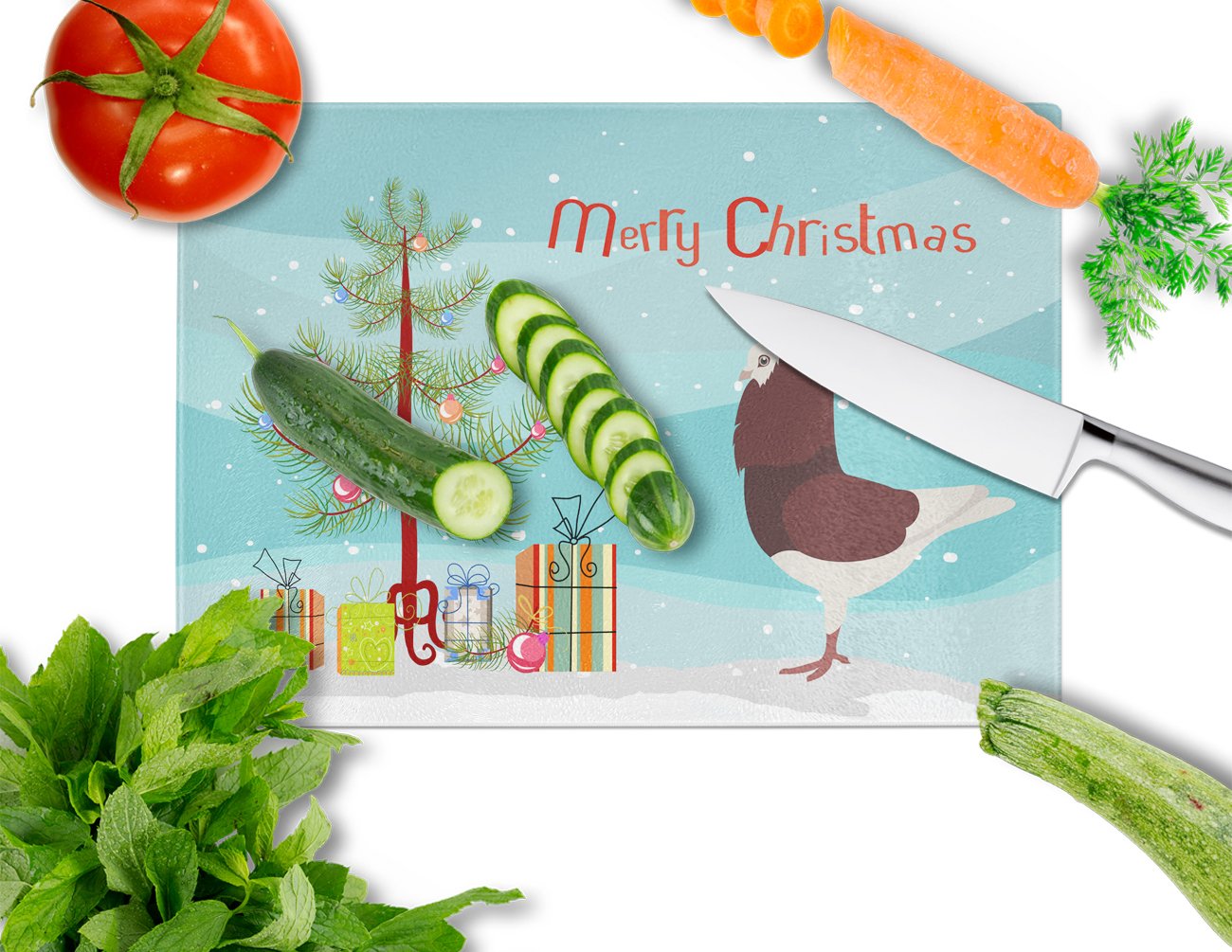 Capuchin Red Pigeon Christmas Cutting Board Tempered Glass Kitchen Cutting Surface, Heat Resistant Chopping, Non-Slip Feet, Food Prep & Serving
