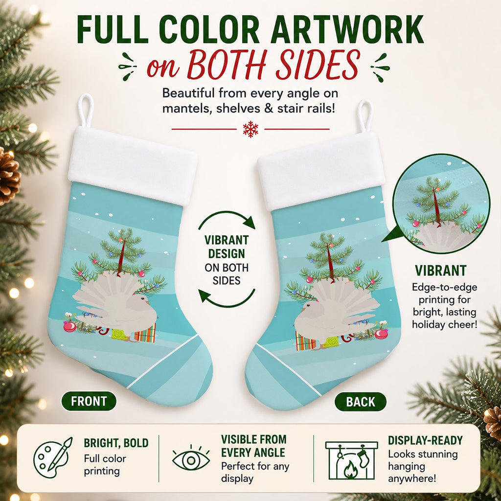 Silver Fantail Pigeon Christmas Holiday Stocking Double-Sided Print, Polyester Suede,11x18, Made in USA