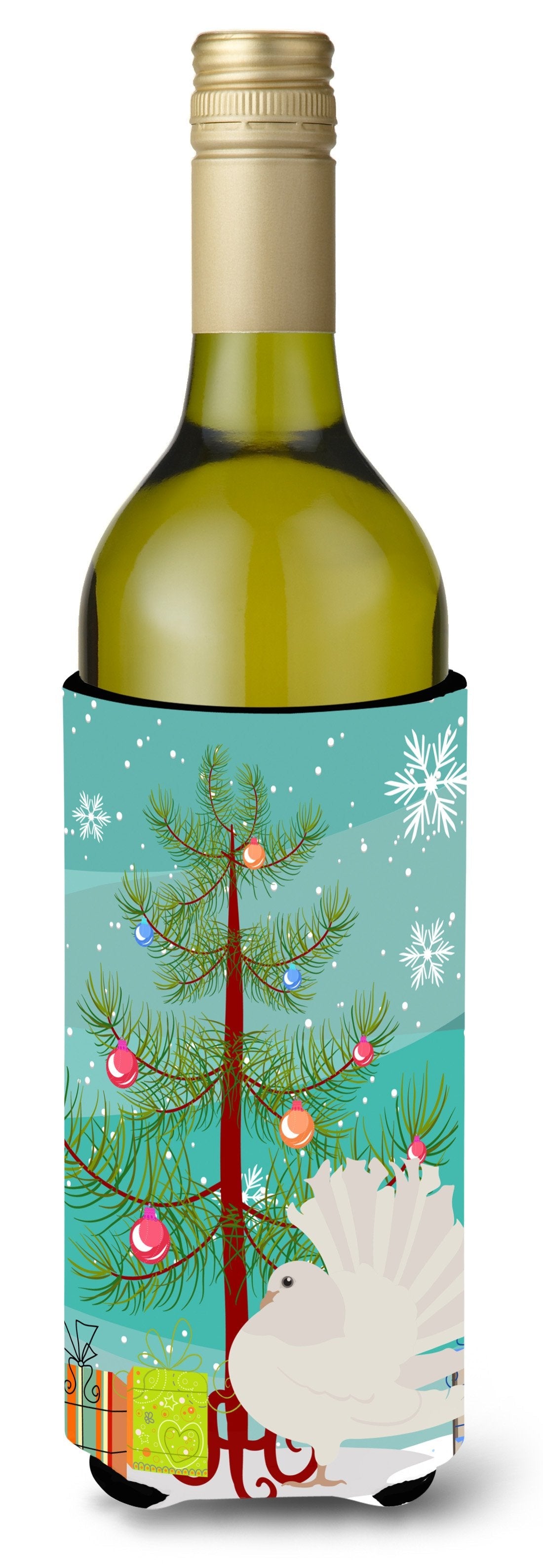 Silver Fantail Pigeon Christmas Wine Bottle Hugger Gift Sleeve for Standard 750 ml Bottles, Insulated Reusable Also Fits Mini Shot & Pint Bottles