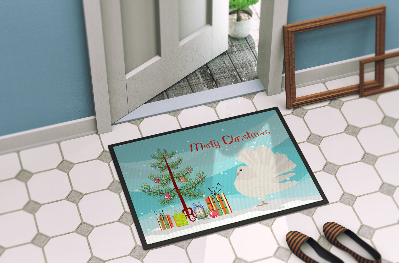 Silver Fantail Pigeon Christmas Doormat Indoor Outdoor 18H X 27W Front Door Mat Rugs for Entryway, Non Slip Washable