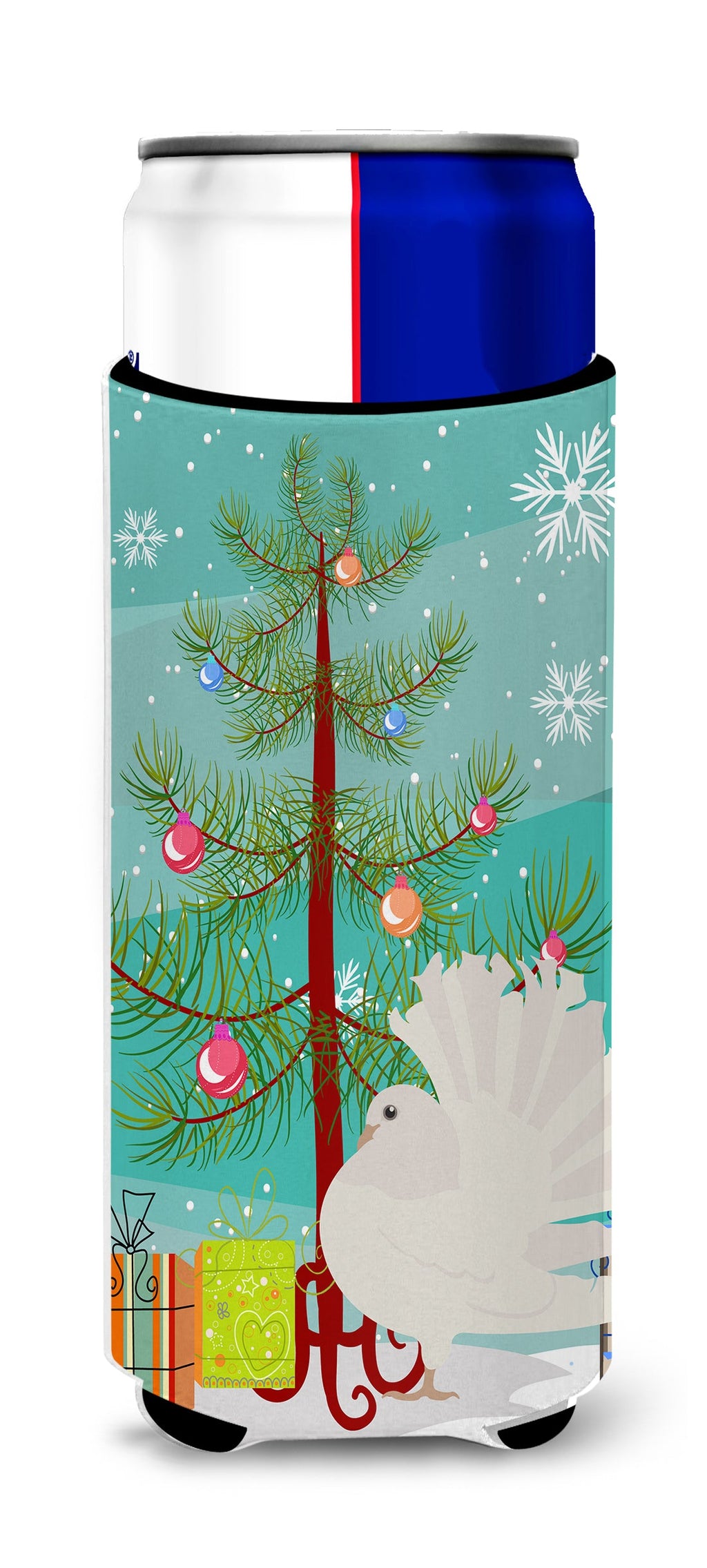 Silver Fantail Pigeon Christmas Slim Can Hugger , Insulated Foam Hugger for 12 oz Slim Cans, Beer Bottles & Water Bottles, Printed in USA